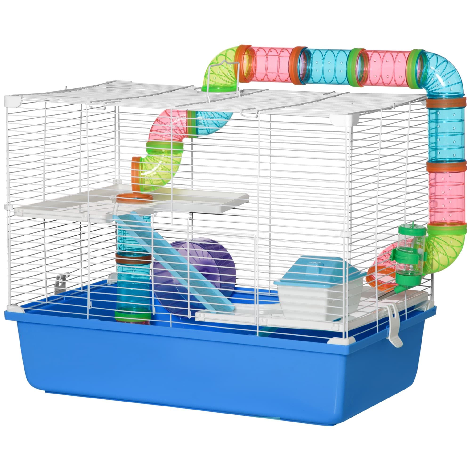 PawHut Cage pour Hamster à 3 Niveaux avec Tunnel, Maisonnette et Roue pour Hamsters, 59x36x47cm, Bleu et Blanc