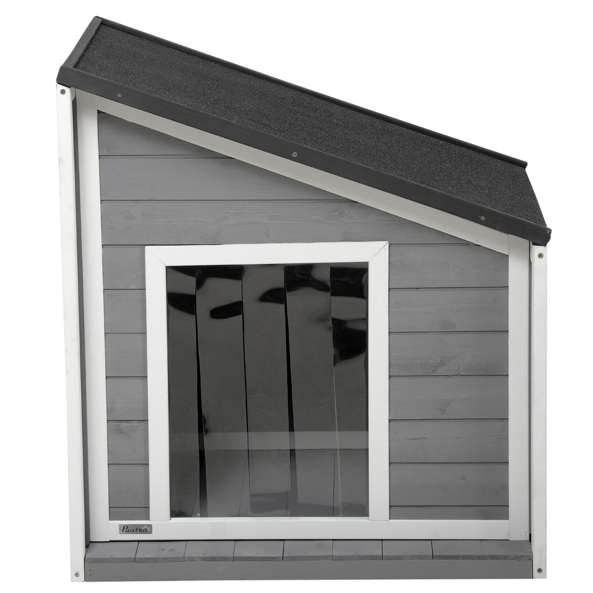 PawHut Niche pour Chien en Bois Massif, Résistant aux Intempéries, Toit en Asphalte, 71 cm x 58 cm x 77 cm, Gris + Blanc