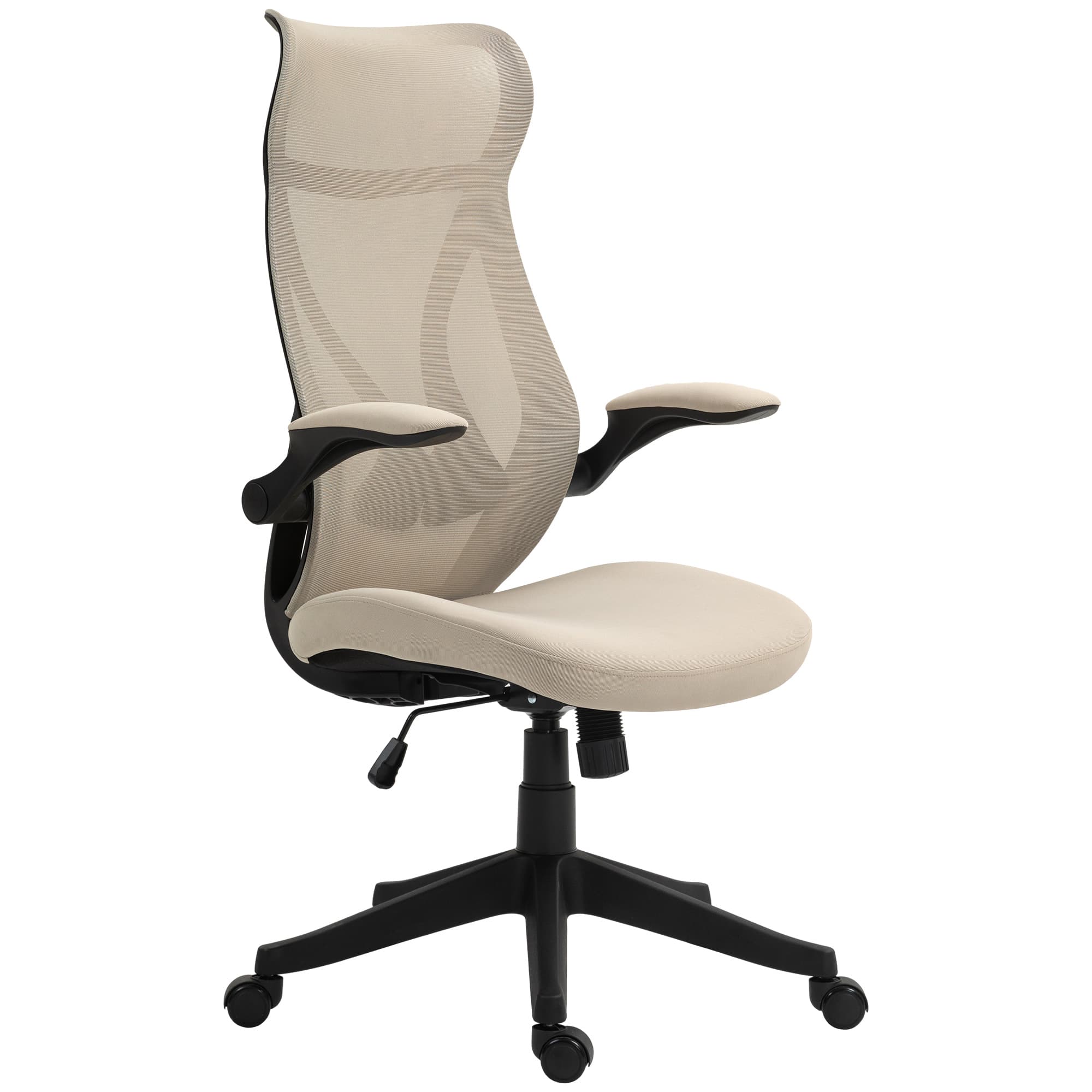 HOMCOM Chaise de Bureau avec Accoudoirs Rabattables, Hauteur Réglable et Dossier Inclinable, Beige