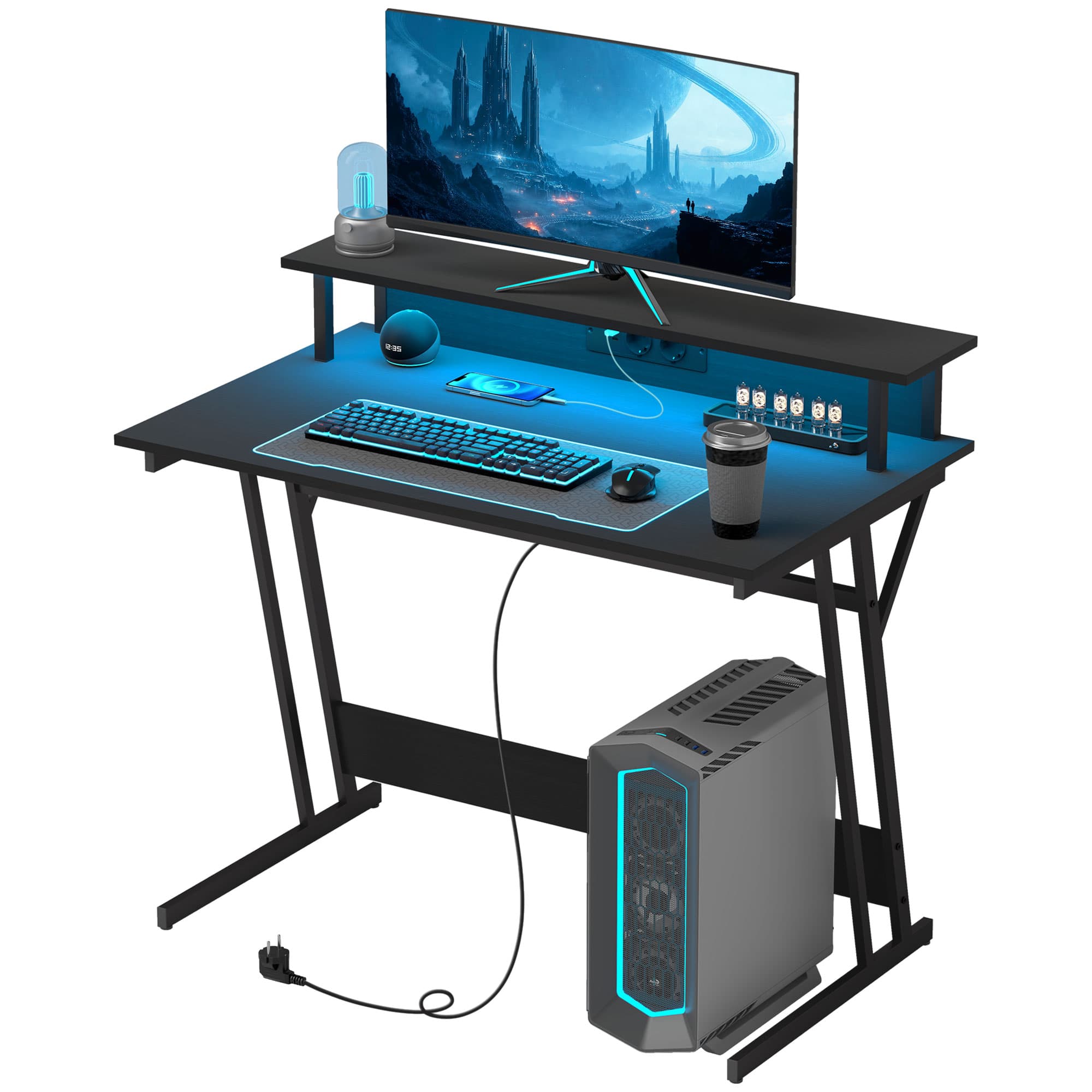 HOMCOM Bureau de Jeu avec Lumières LED et Support pour Moniteur, en MDF et Acier, 100x60x88,5 cm, Noir