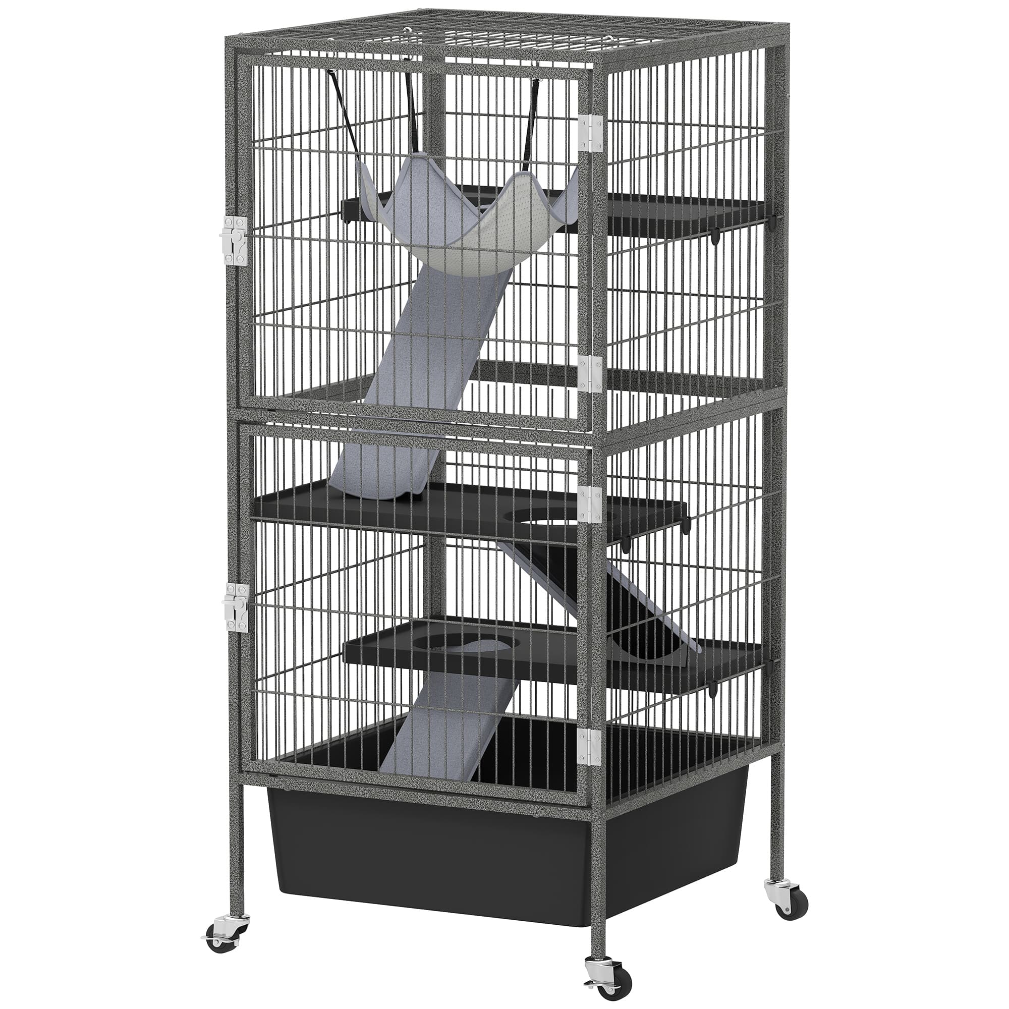 PawHut Cage pour Petits Animaux à 4 Niveaux avec Rampes, Plateformes, Hamac et Roues, 52x52x115 cm, Gris