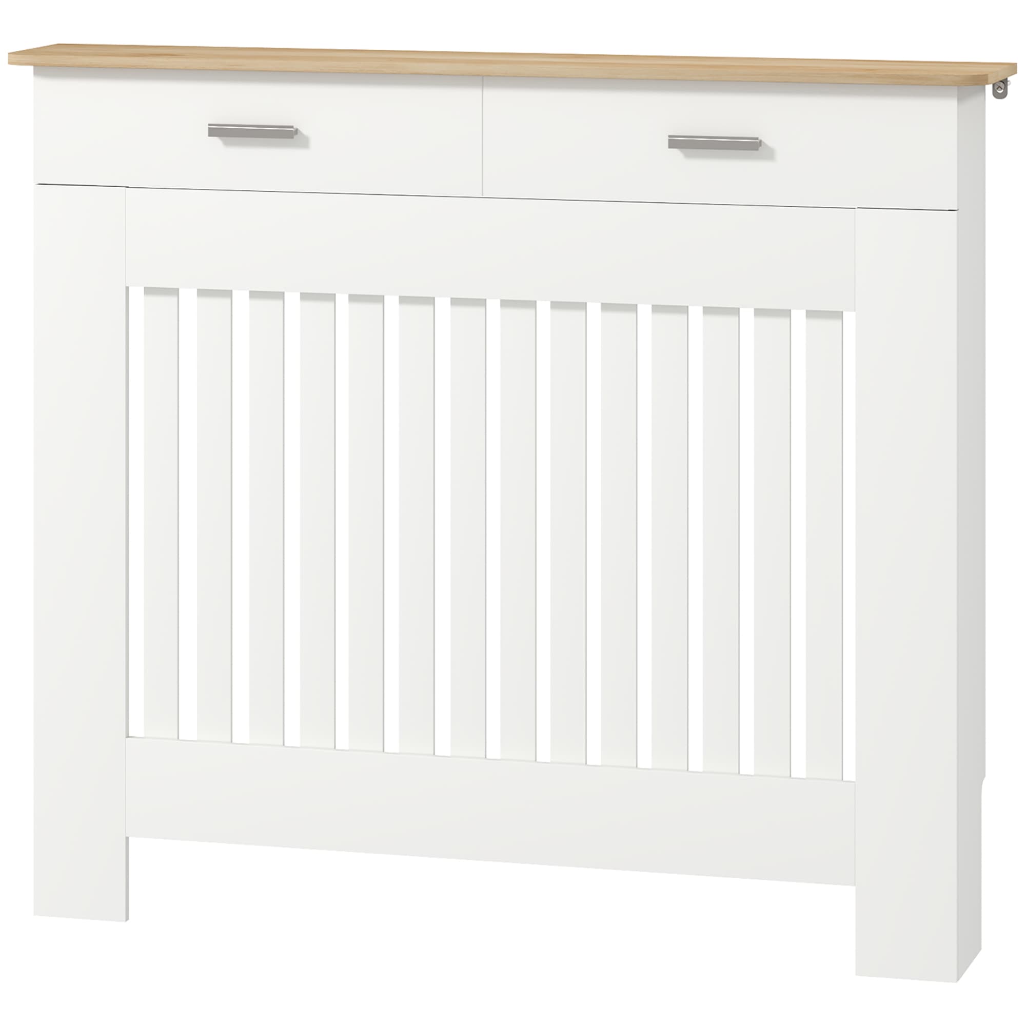 HOMCOM Cache-radiateur à Lamelles Anti-basculement avec Tiroir de Rangement, en Bois, 112x19x97 cm, Blanc