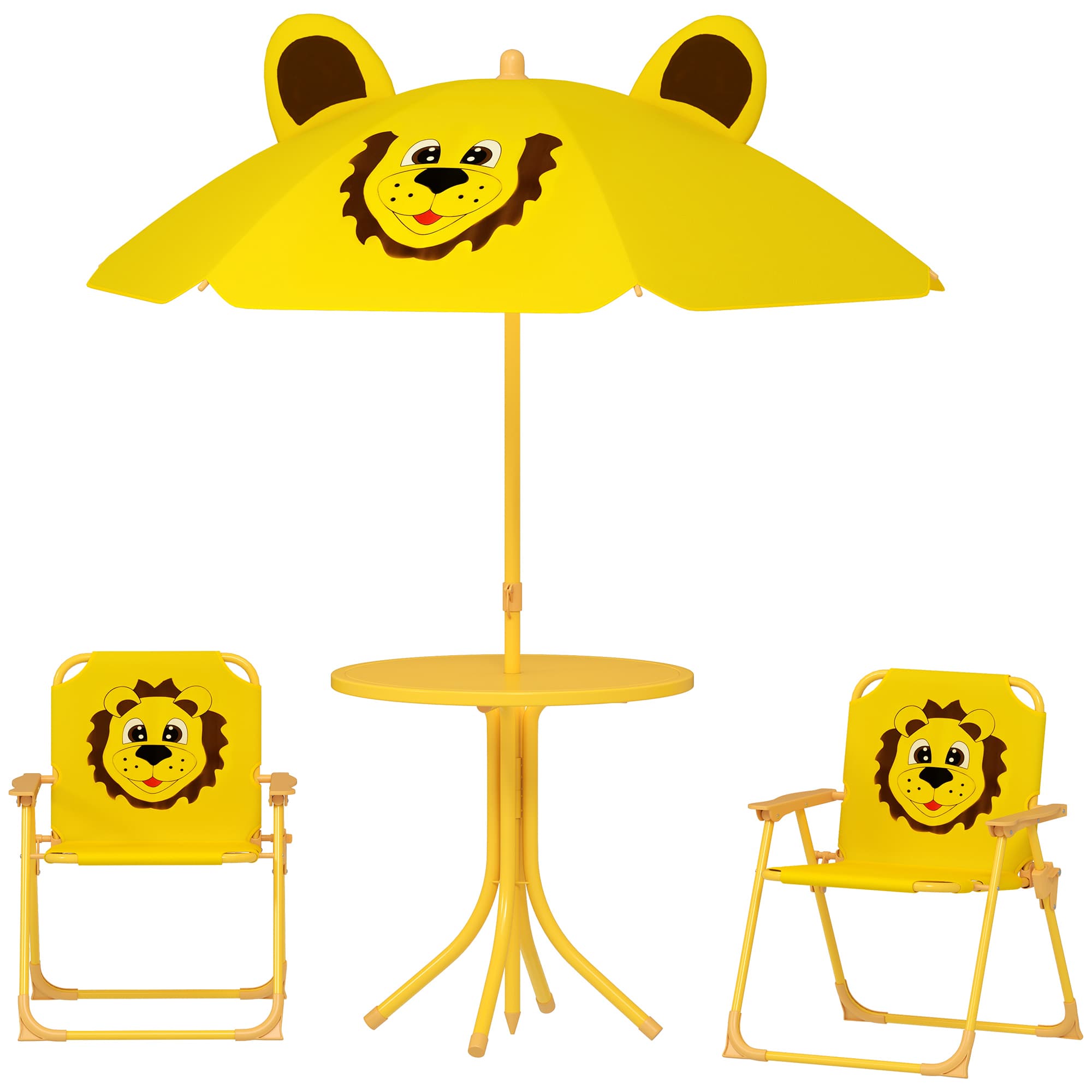 AIYAPLAY Ensemble de meubles de jardin pour enfants, chaises, table, parasol, design de lion, Jaune