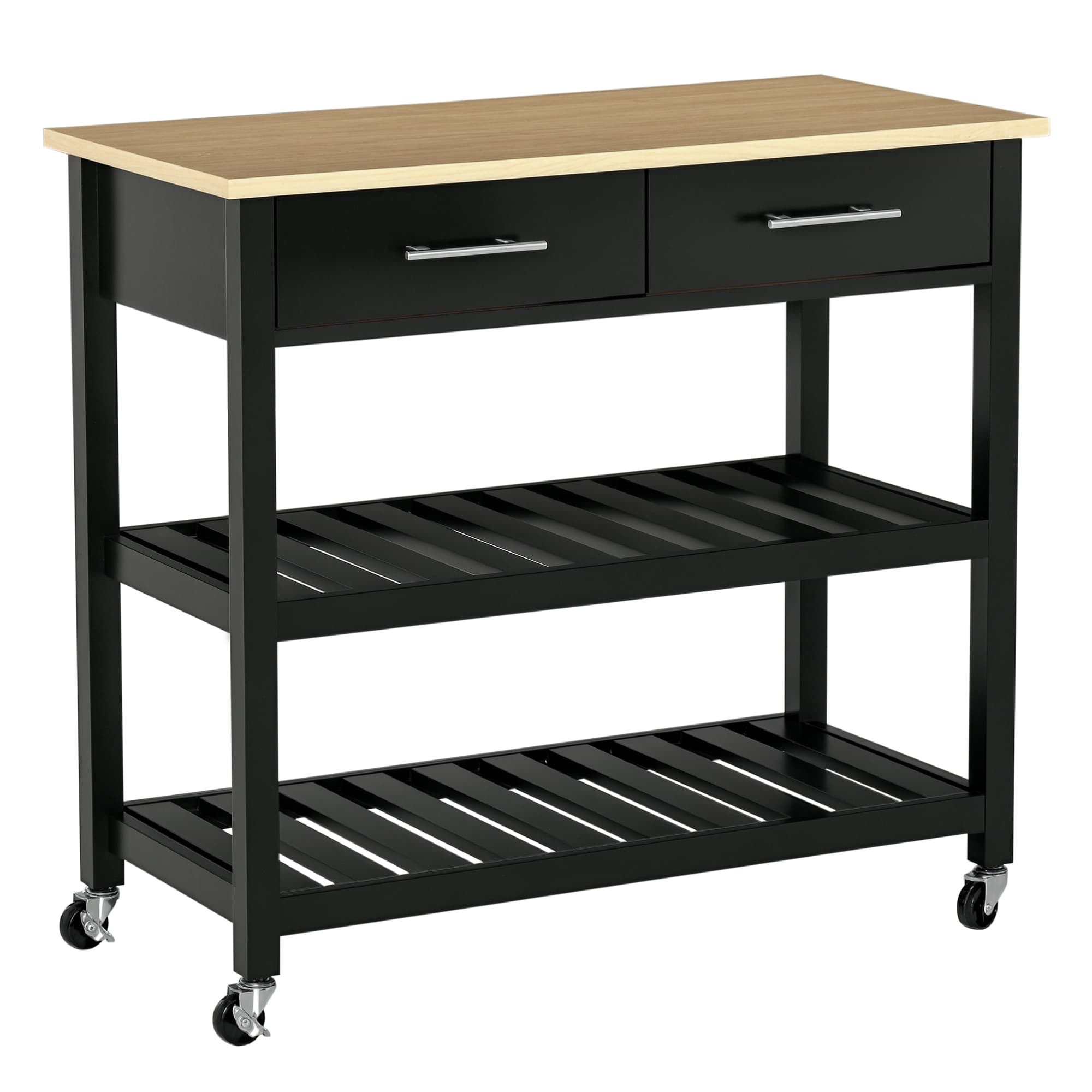 HOMCOM Chariot de cuisine étagère de cuisine à roulettes 2 étagères 2 tiroirs poignée métal 1 plateau spacieux MDF noir et bois naturel
