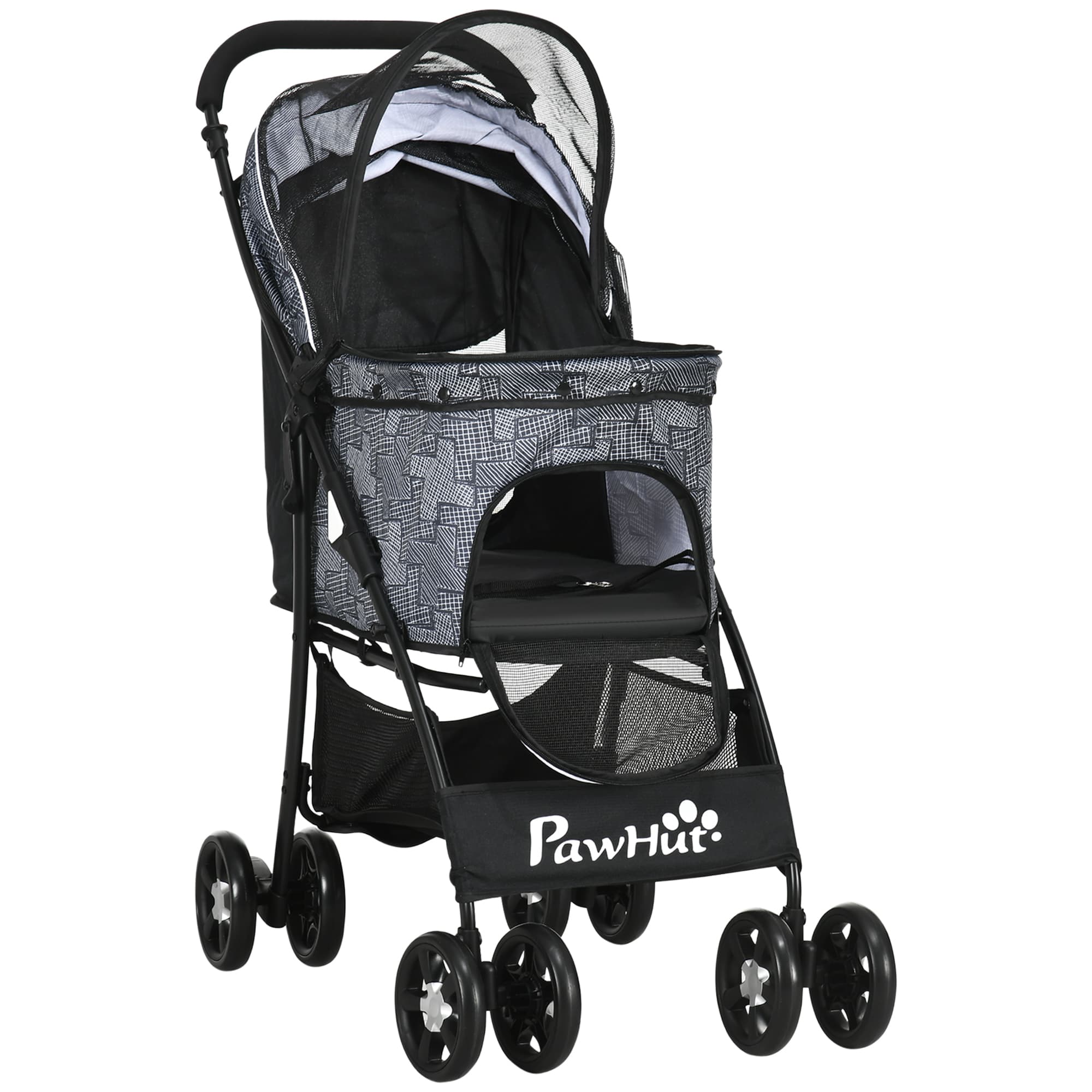 PawHut poussette pour chien, pliable, 1 panier, 1 coussin, 1 sac latéral, 81 cm x 48 cm x 99 cm, Gris