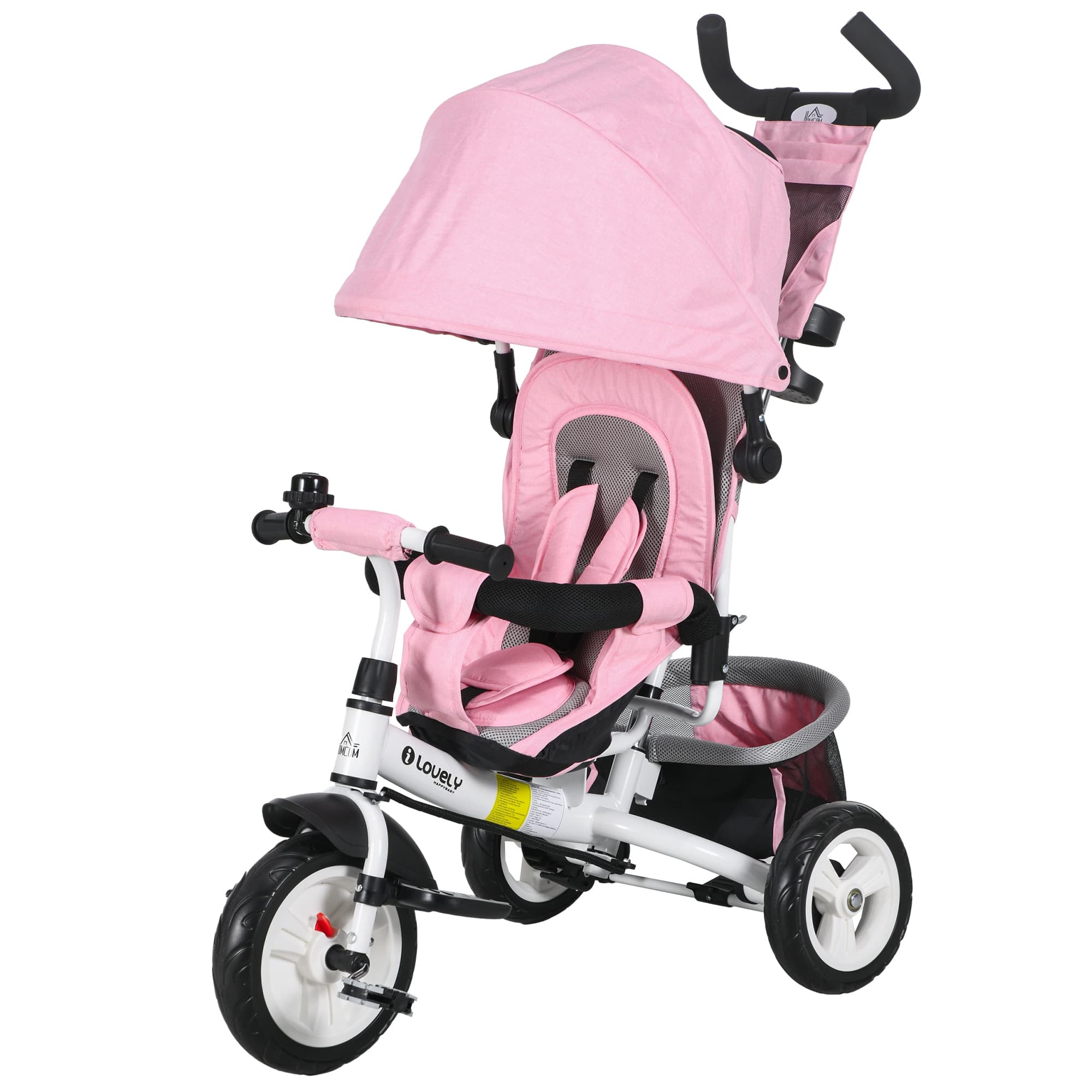 HOMCOM Tricycle pour Enfants 1-5 Ans avec Poignée et Auvent Réglable, 102x49x102 cm, Blanc et Rose