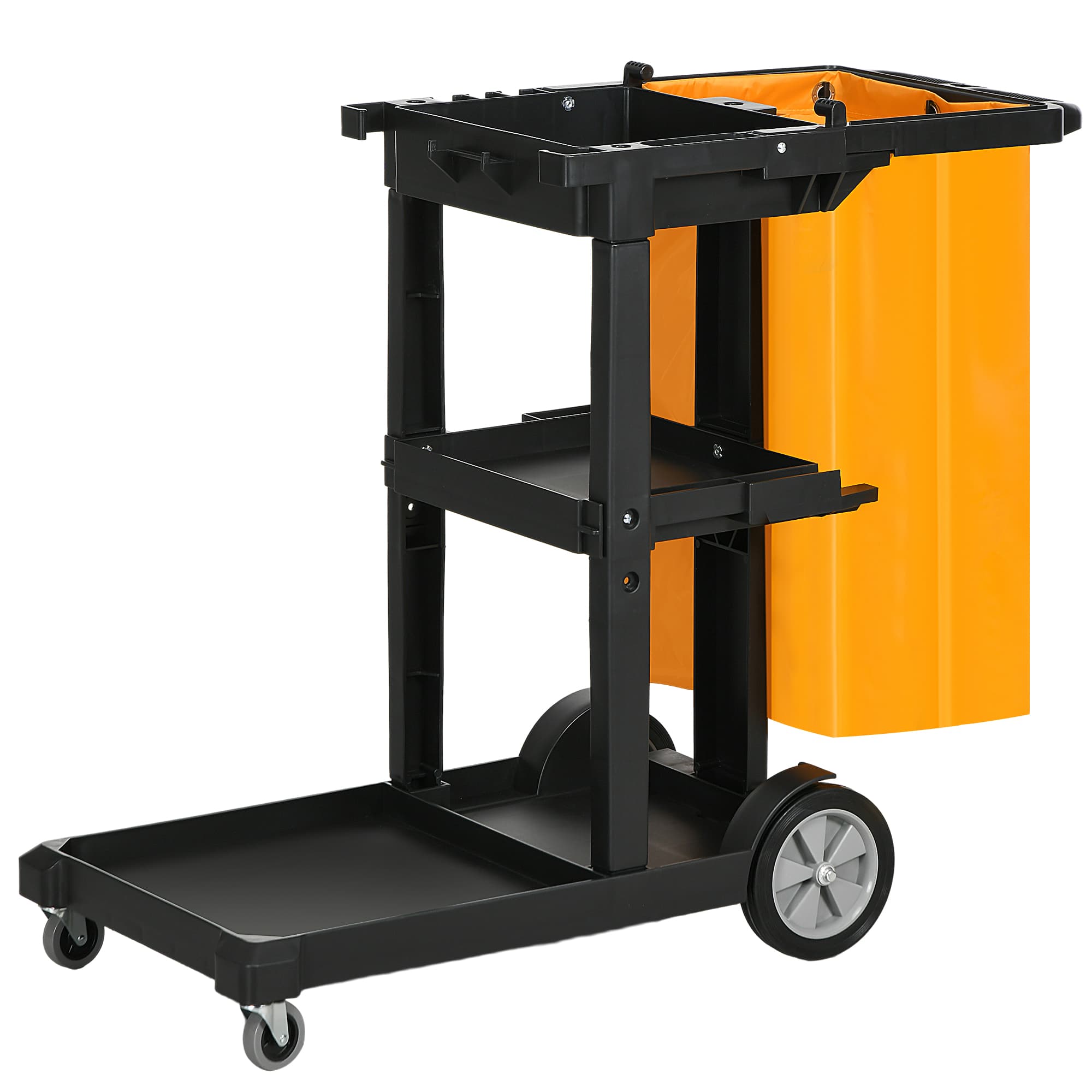 HOMCOM Chariot de Nettoyage à 3 Étagères avec Crochets et Sac de 100L, 121x50.5x96.5 cm, Noir Jaune et Gris