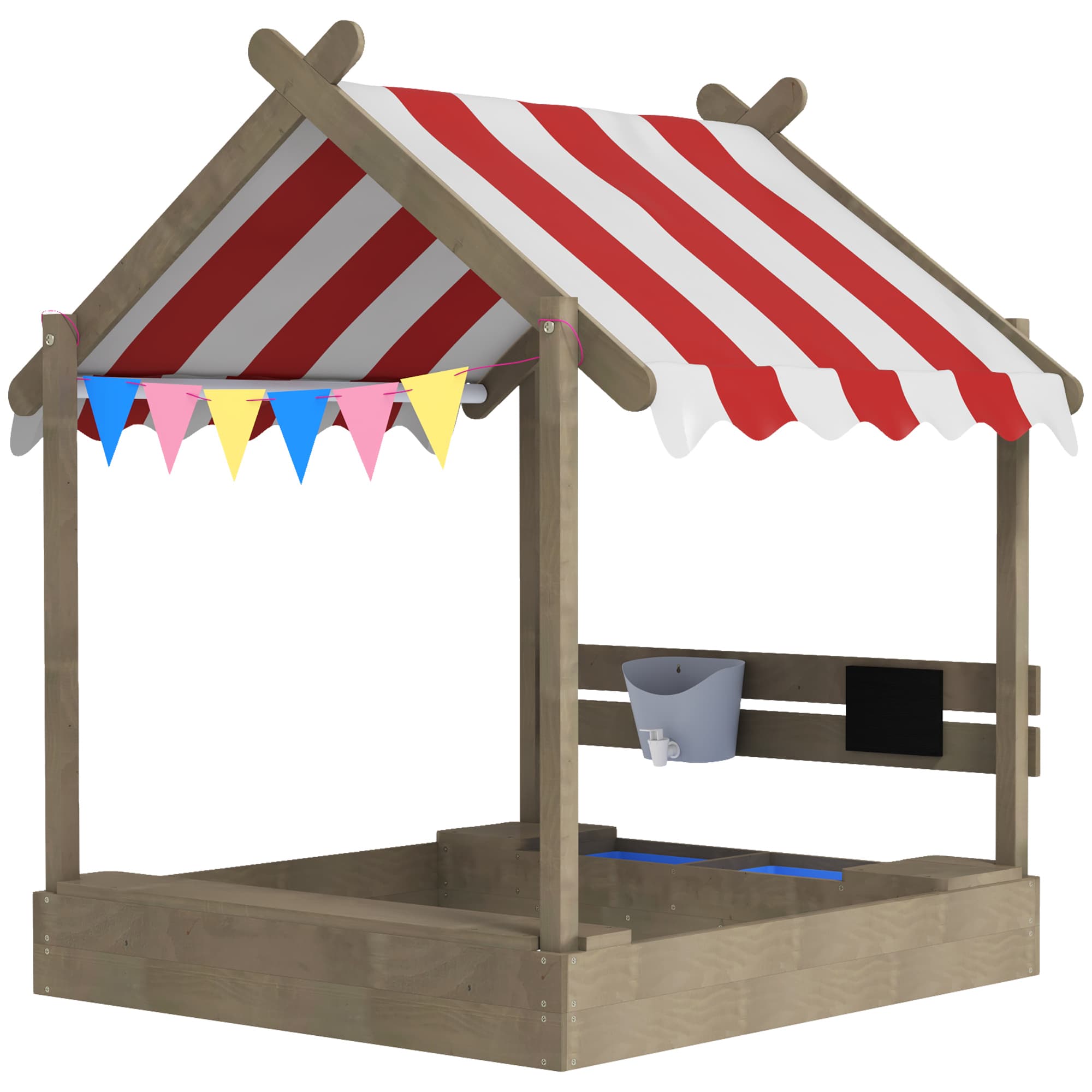 Outsunny Bac à sable avec protection solaire, design de maison de jeu, avec ensemble de jouets, bois massif traité, 124 x 116 x 146 cm, Gris