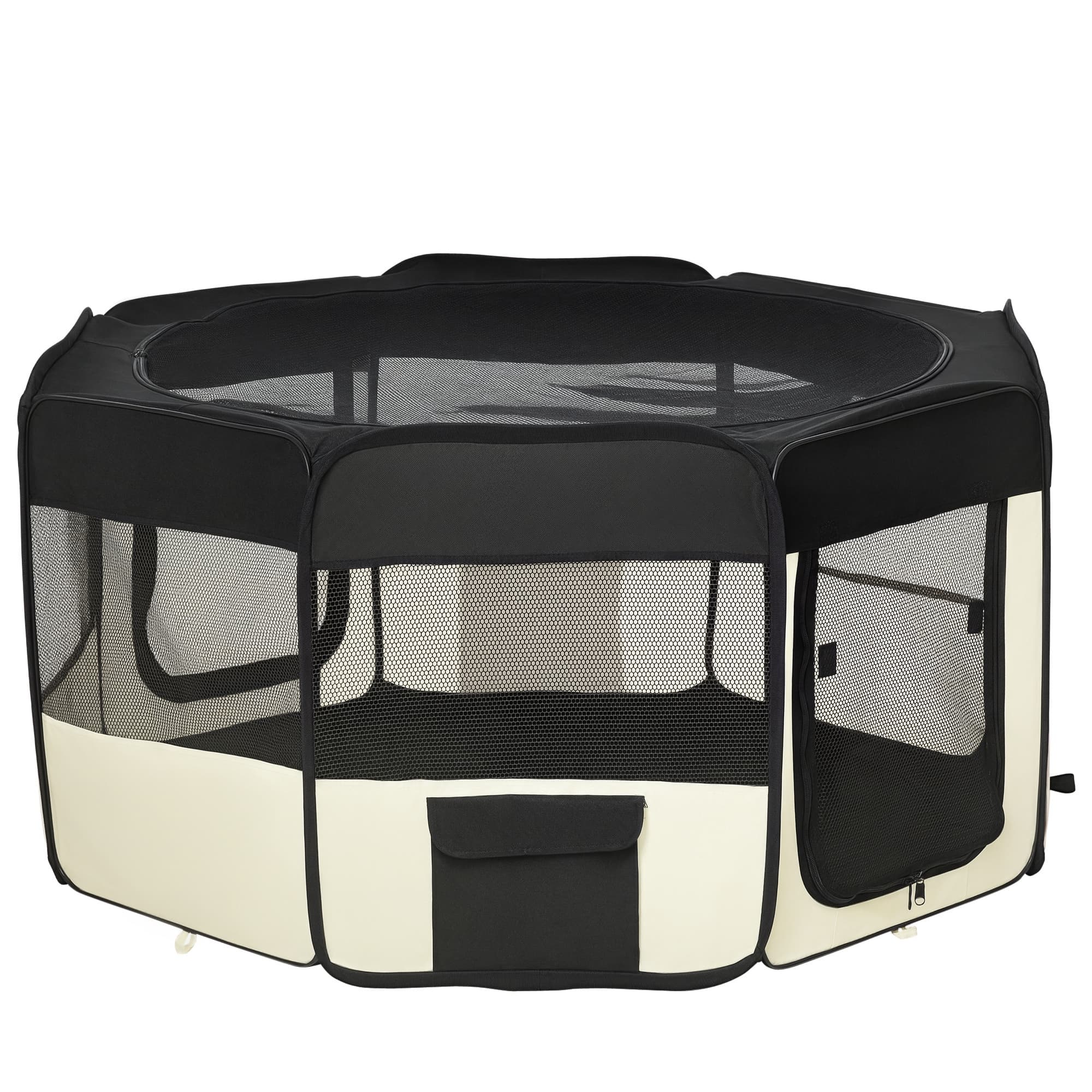 PawHut Parc Octogonal Pliable pour Chiens Chats en Tissu Oxford et Acier Noir Crème Ø120x58cm Aosom France