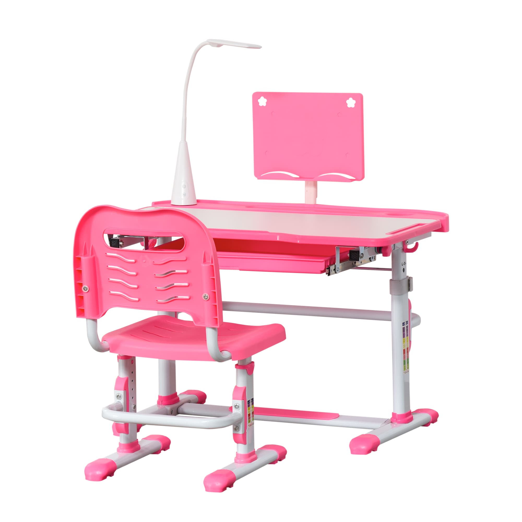HOMCOM Ensemble Bureau pour Enfants 6-12 Ans avec Chaise Réglable en Hauteur, Tiroir, Lumière et Plateau Inclinable, Rose