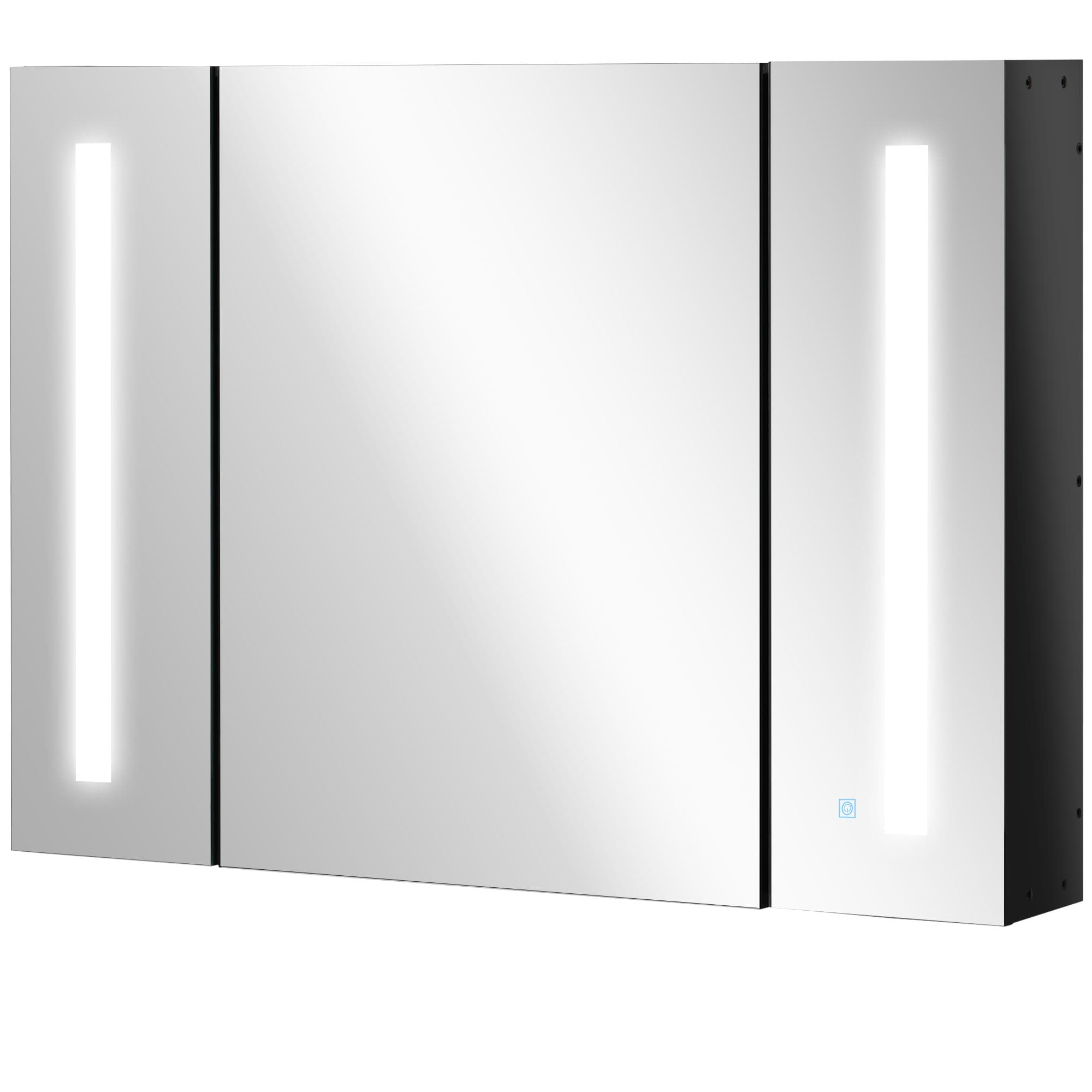 Kleankin Armoire avec Miroir de Salle de Bain MDF avec 3 Armoires, 3 Étagères et Lumière LED, 90x15x65 cm, Noir