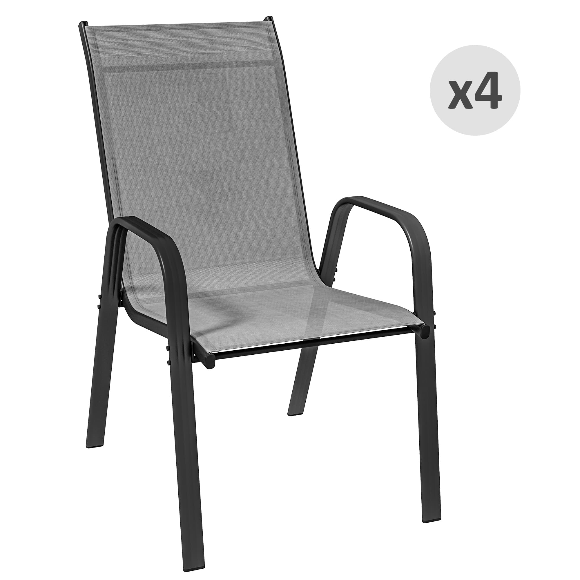 Outsunny Lot de 4 Chaises de Jardin Empilables et Gain de Place avec Accoudoirs en Métal et Tissu en Filet, Gris