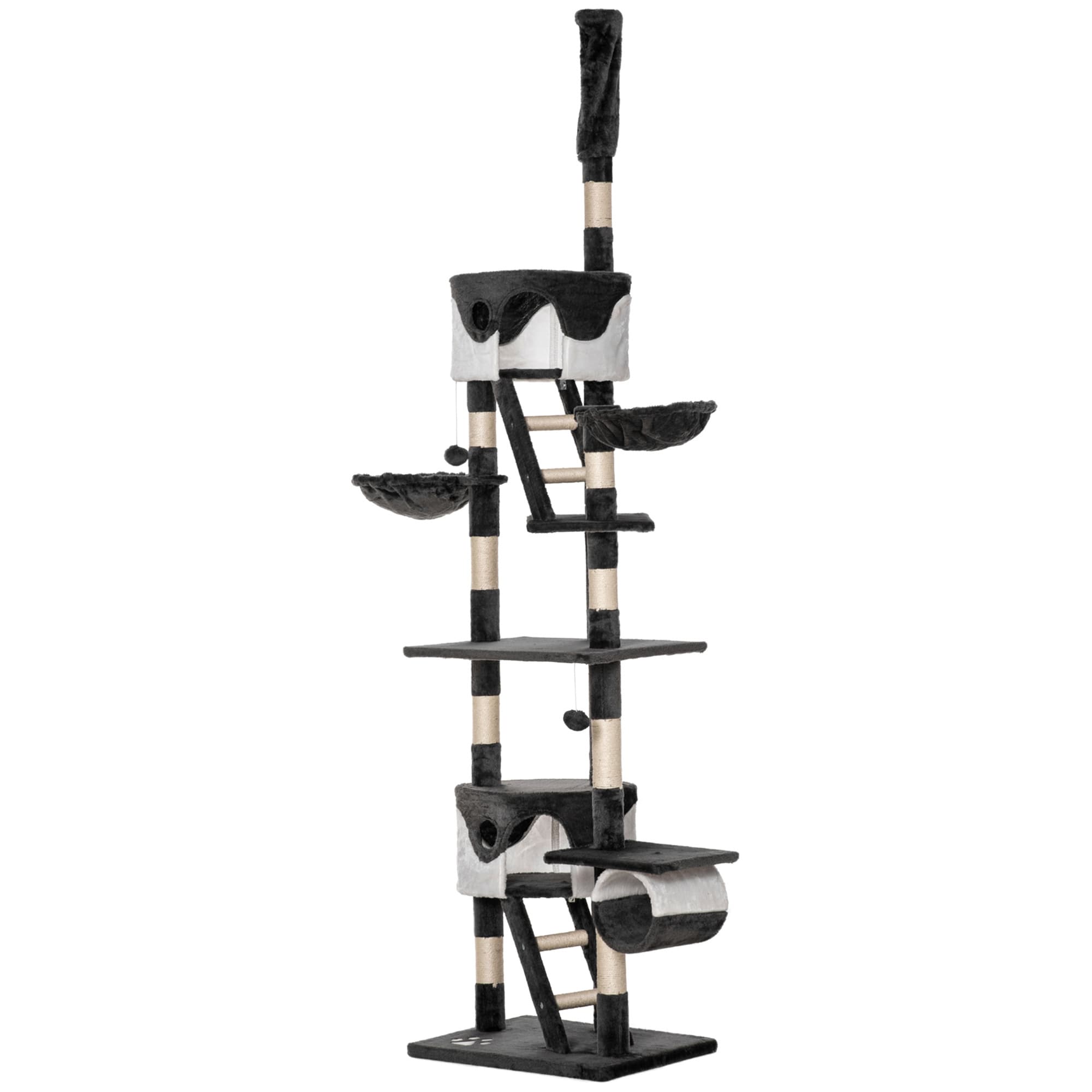 PawHut Arbre à Chat Suspendu avec Hauteur Réglable 240-260cm, Arbre à Chat à Plusieurs Niveaux avec Cabanes, Hamacs et Échelles, Cordes en Sisal, Gris Foncé et Blanc