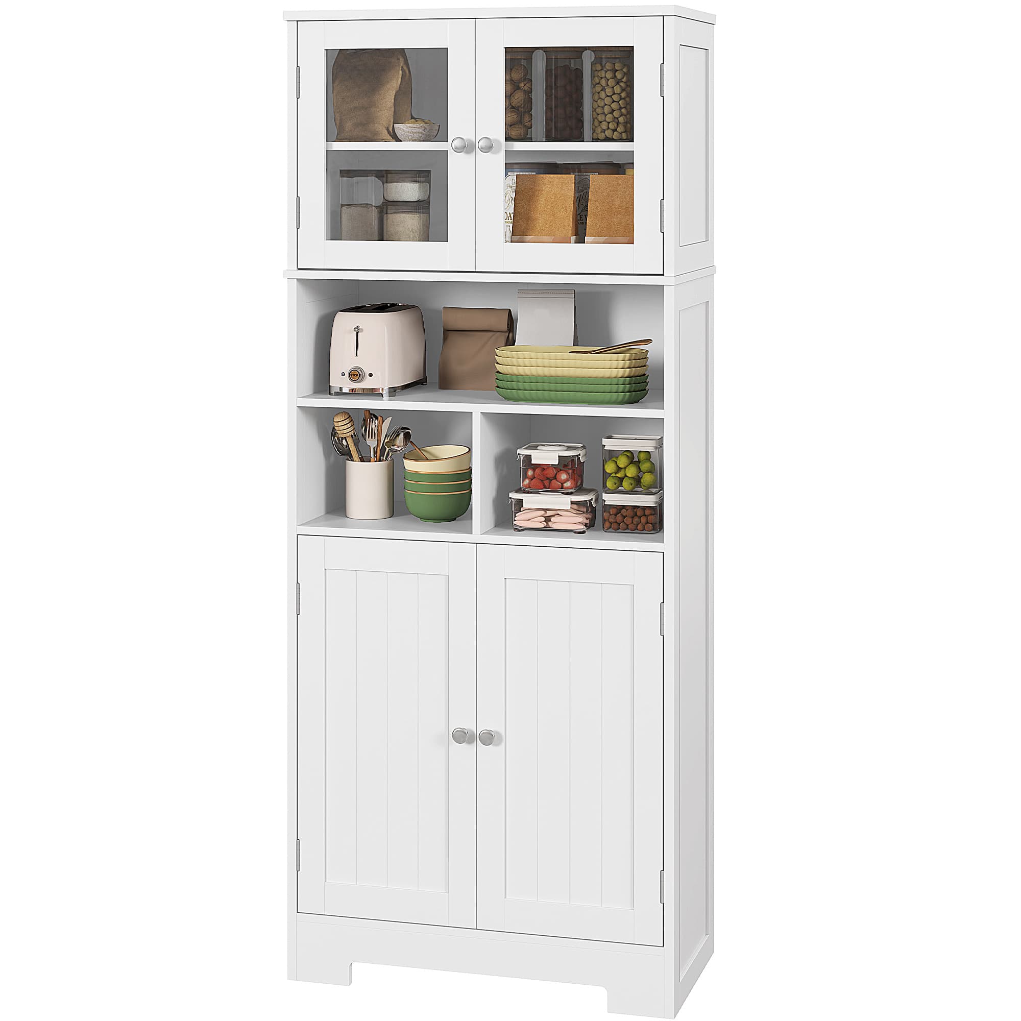 HOMCOM Credenza Cucina avec 2 Armoires et 3 Compartiments Ouverts, Portes en Verre et Étagères Réglables, 60x30x145.5 cm, Blanc