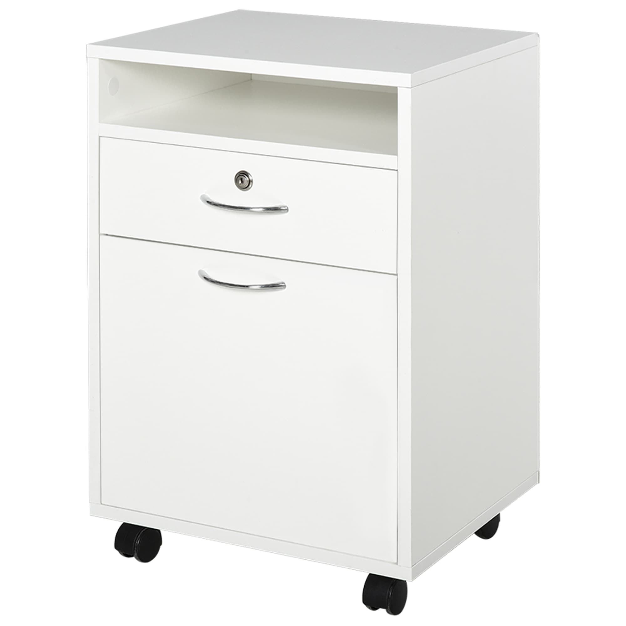 HOMCOM Armoire de Bureau avec 2 Clés, Tiroir, Armoires et 4 Roues en Bois Blanc, 40x35x60cm
