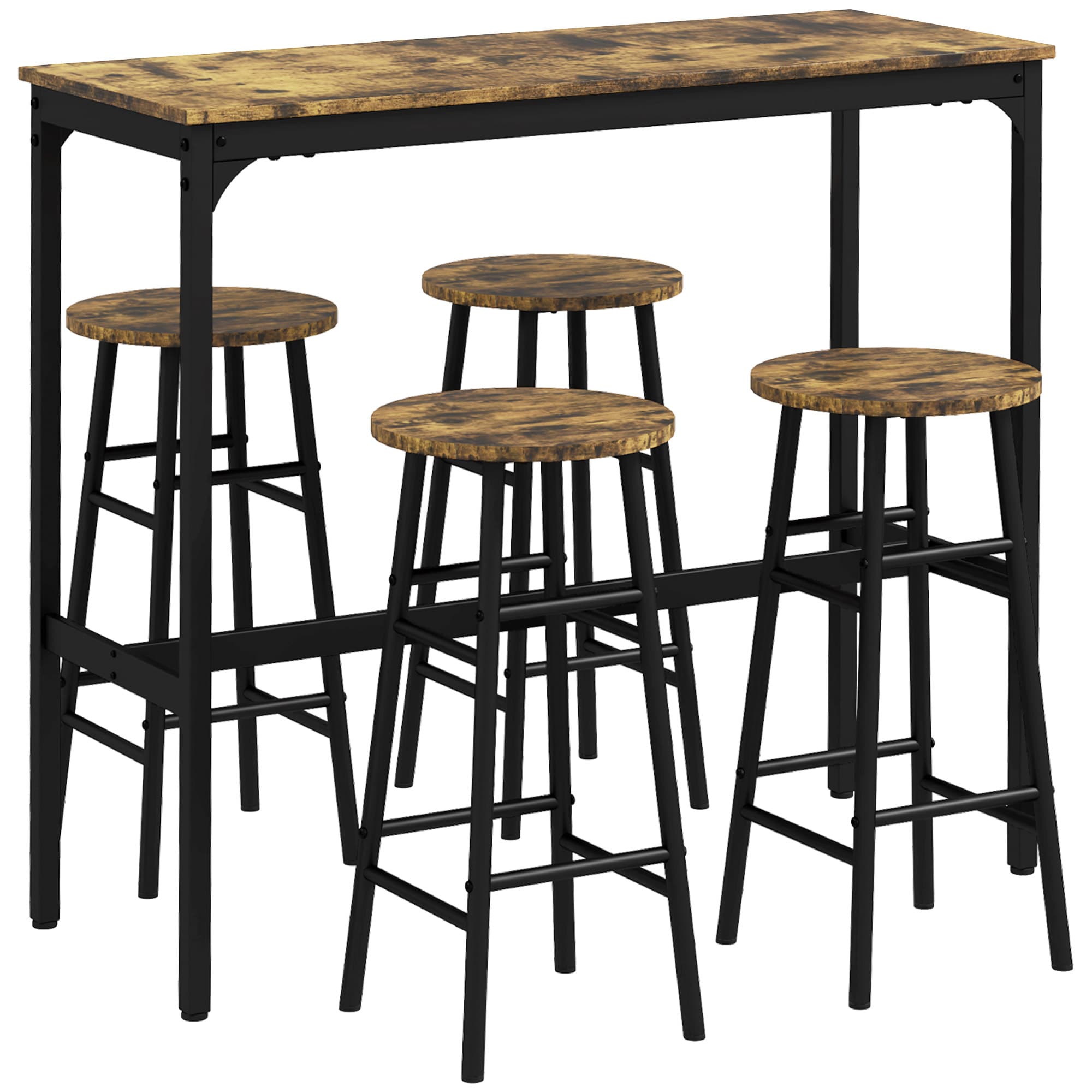 HOMCOM Ensemble Table et Chaises 5 Pièces avec 4 Tabourets avec Repose-Pieds et Table Rettangulaire, Noir et Marron