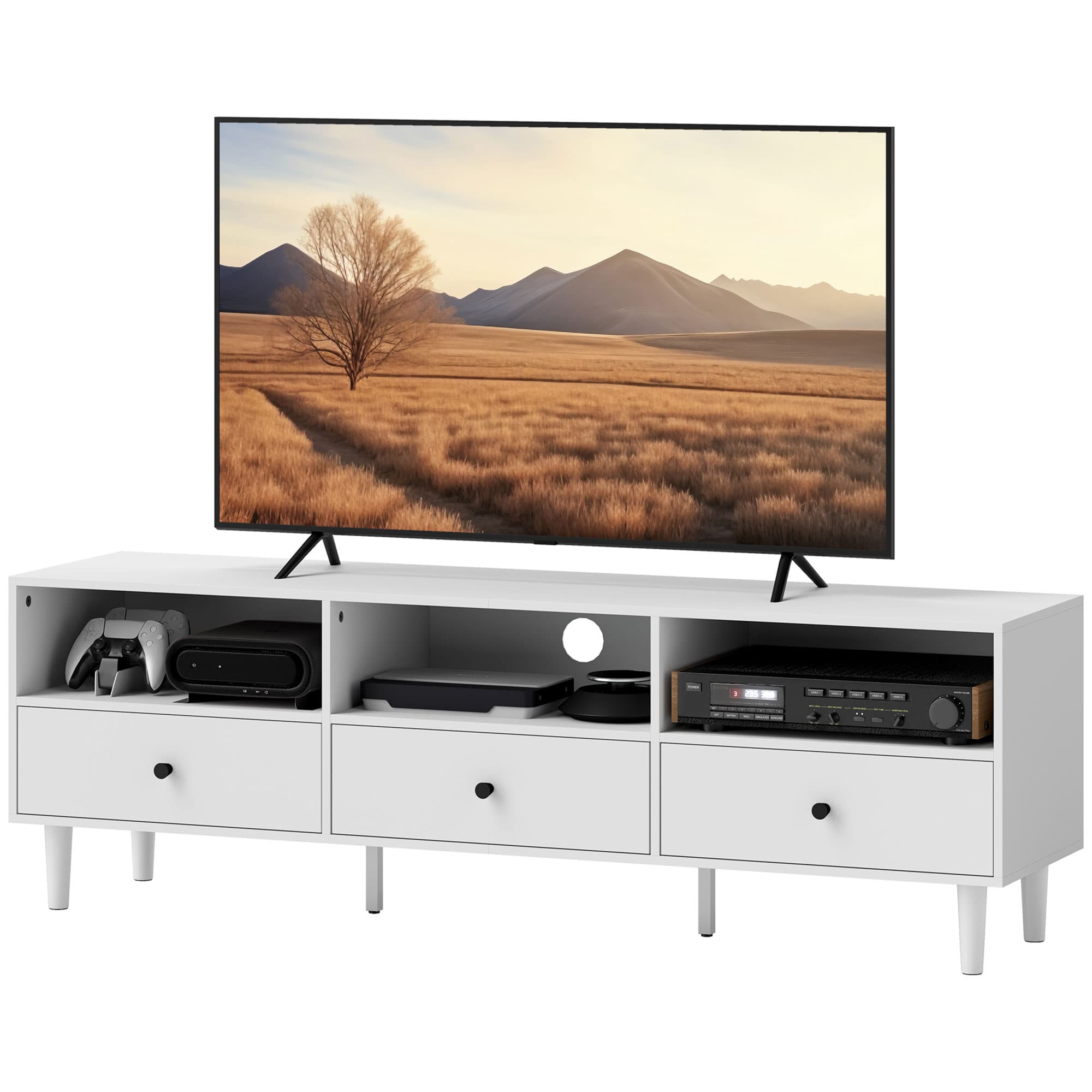 HOMCOM Meuble TV, support TV pour écrans de 75 pouces, 3 compartiments ouverts, 3 tiroirs, en panneau de particules blanc