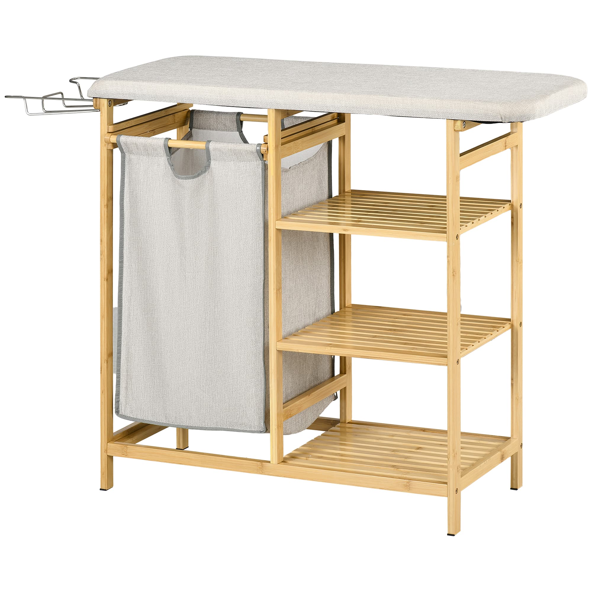 HOMCOM Collecteur de Linge, multifonction, Planche à Repasser & Sac en Tissu 57 L, Cadre en Bambou, 113x34x82 cm, Naturel/Gris