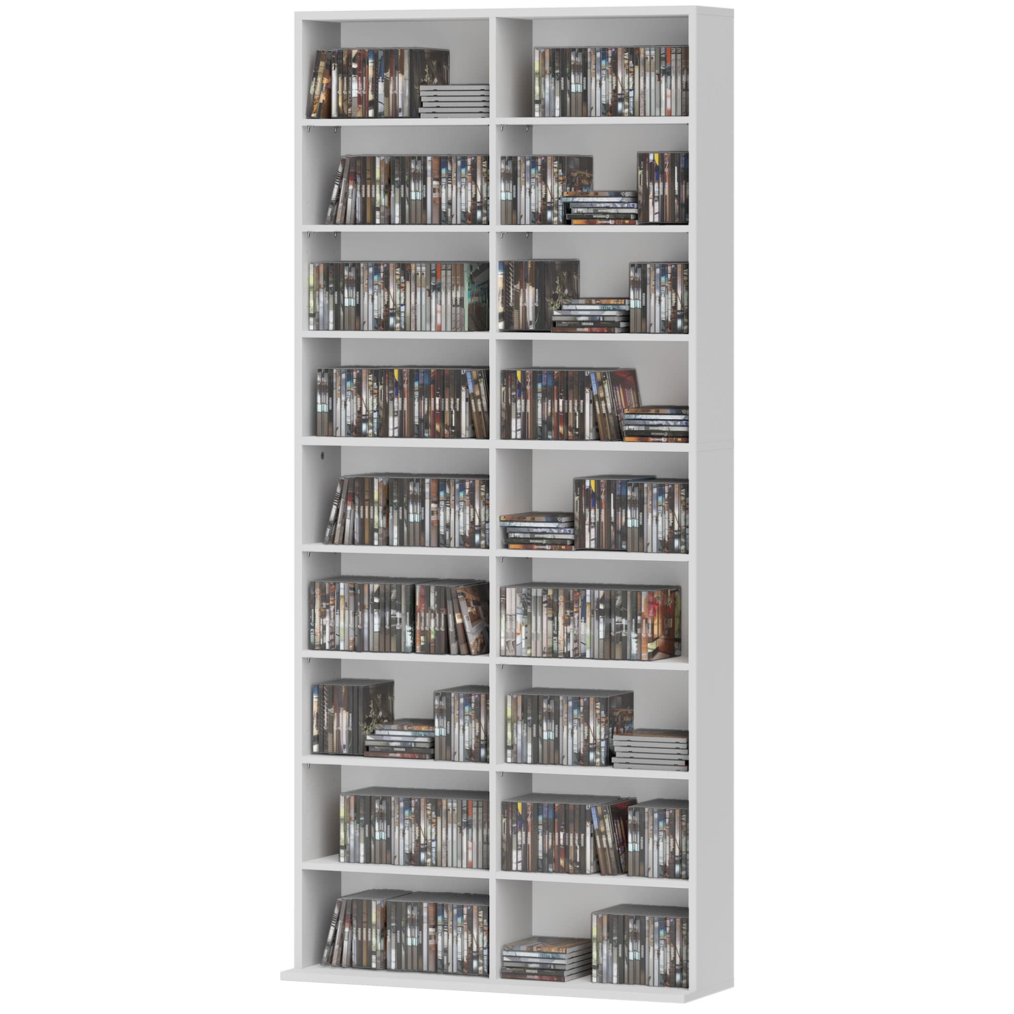 HOMCOM Étagère DVD, support de rangement CD, 14 étagères ajustables, 18 compartiments, 175 cm, étagère Blu-ray, Panneau de particules, Blanc