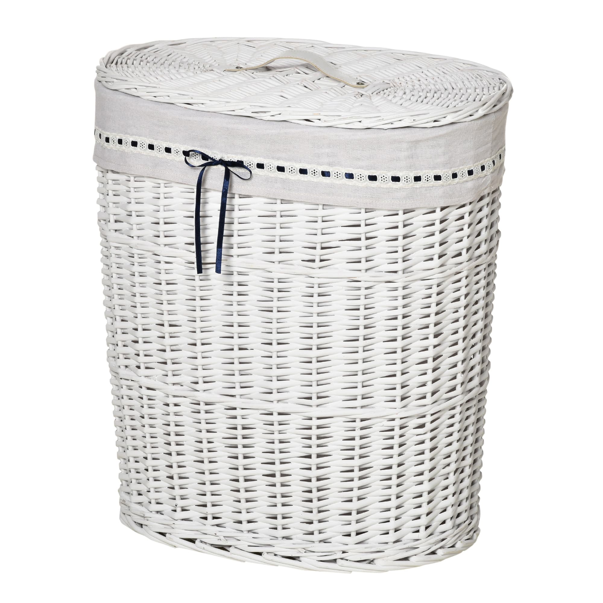 HOMCOM Panier à Linge en Osier avec Couvercle et Sac Intérieur en Tissu Lavable, Blanc