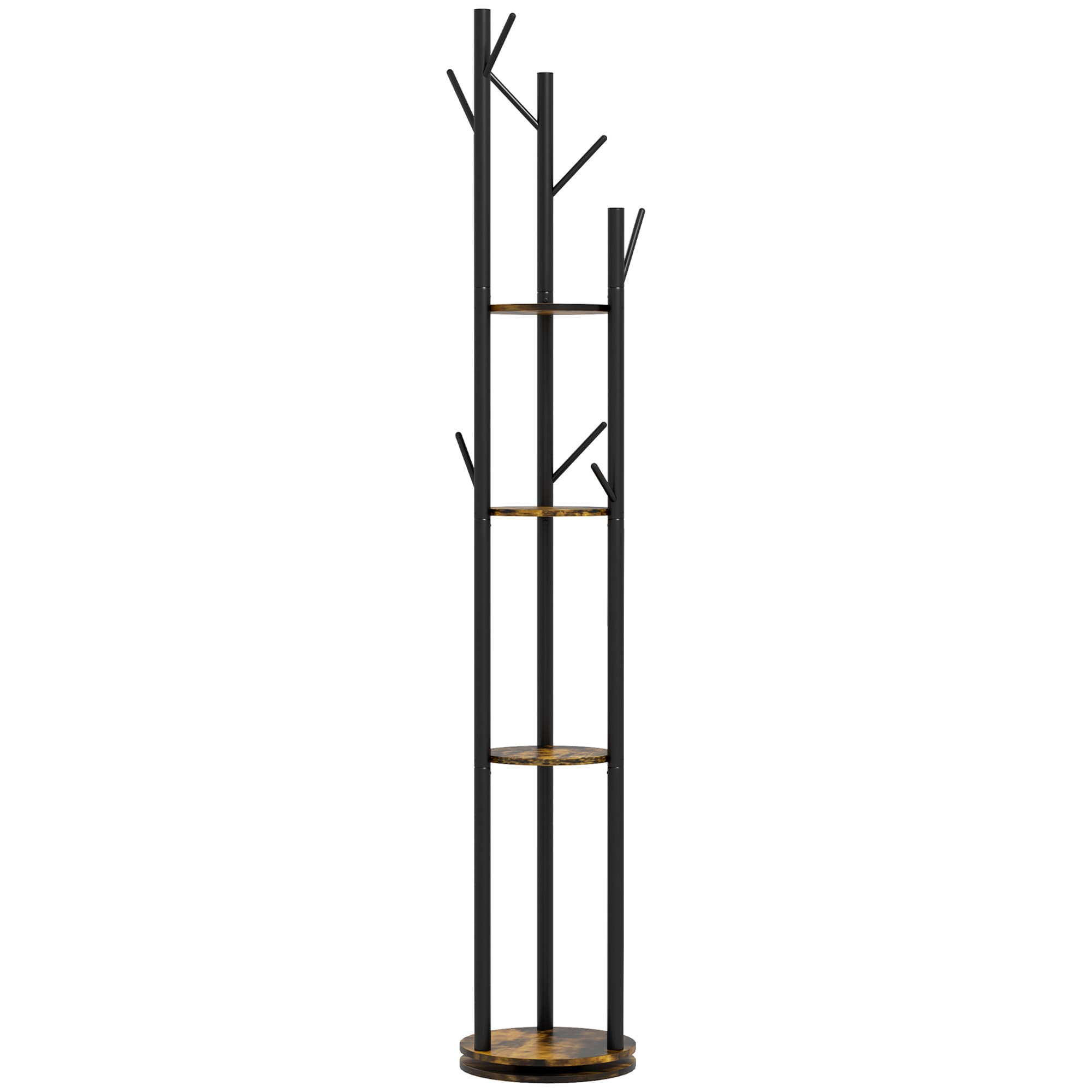 HOMCOM Portemanteau sur Pied Pivotant avec 8 Crochets et 4 Étagères en Style Industriel, Ø30x175cm, Marron