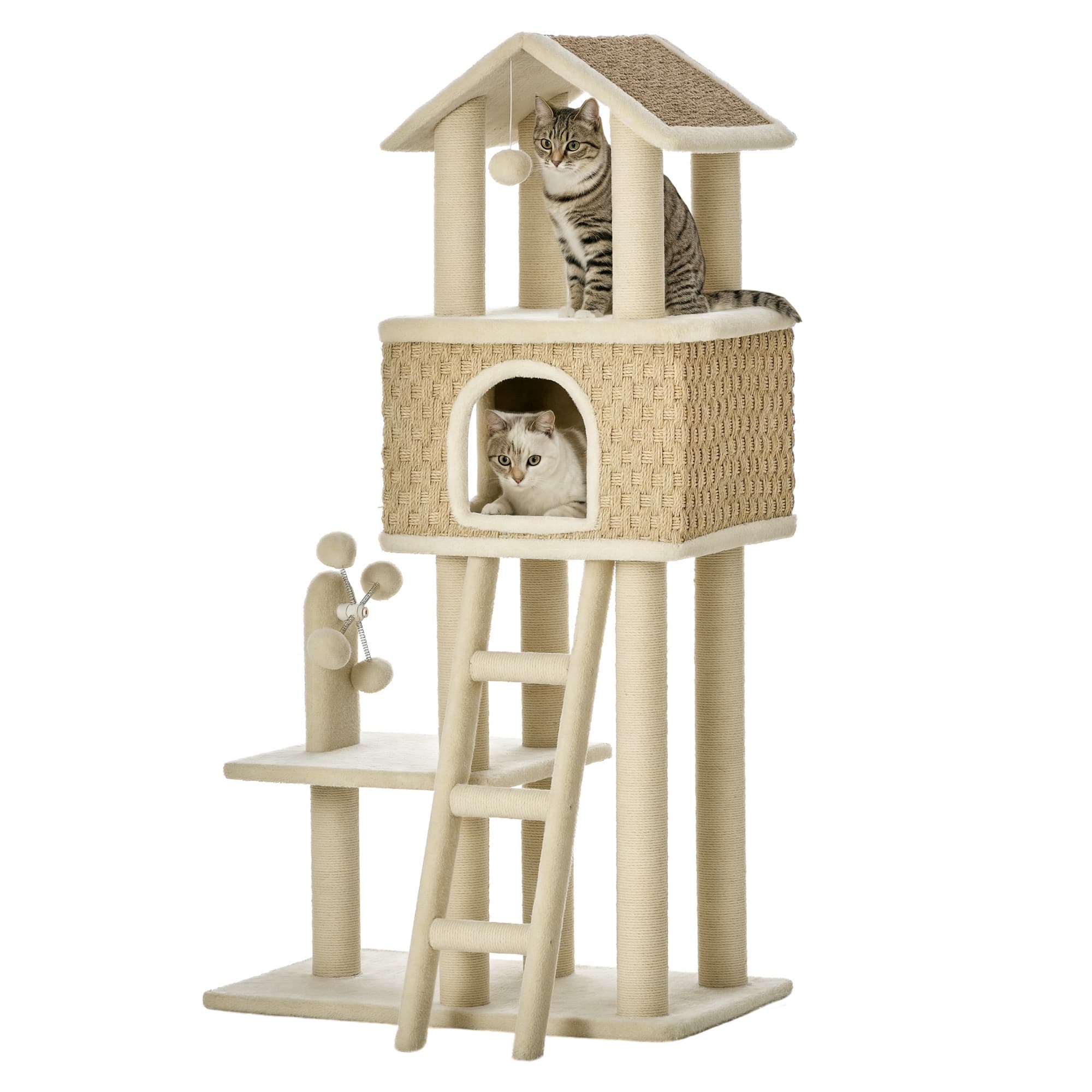 Pawhut Arbre à chats Multifonction, Design Moderne - Niche, Plateformes, Échelle, Jeux, Boule Suspendue & Moulin à vent, Crème kaki Aosom France