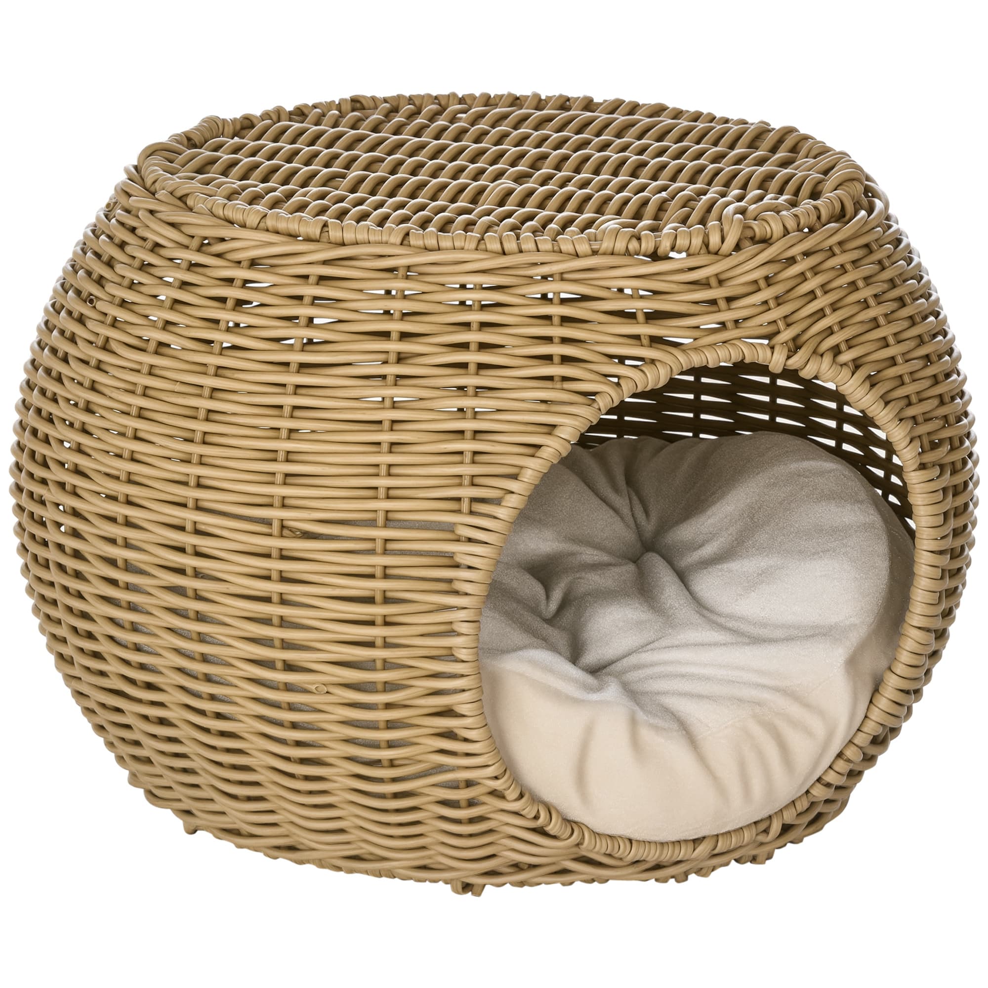 PawHut Niche Panier Résine Tressée Imitation Rotin Coussin Doux Marron Clair Ø 40x30cm pour Chat Aosom France