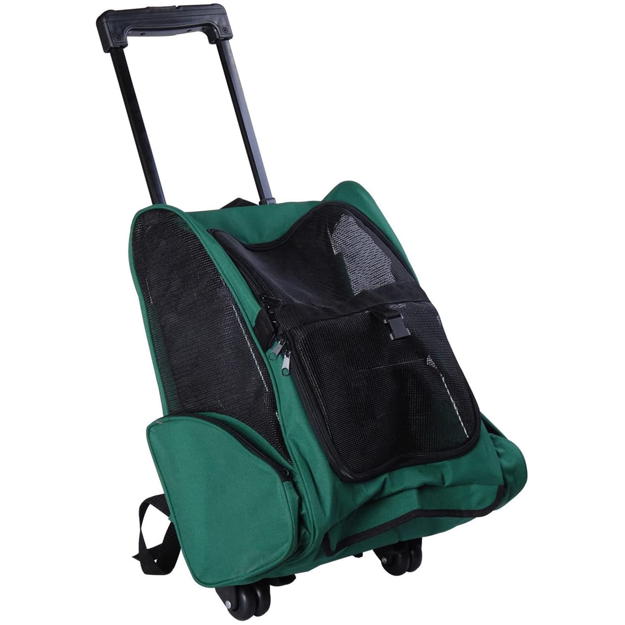 PawHut Sac à Dos Transporteur 2 en 1 pour Chiens et Chats avec Poches Latérales, Poignée Télescopique et Roues, 42x25x55cm, Vert