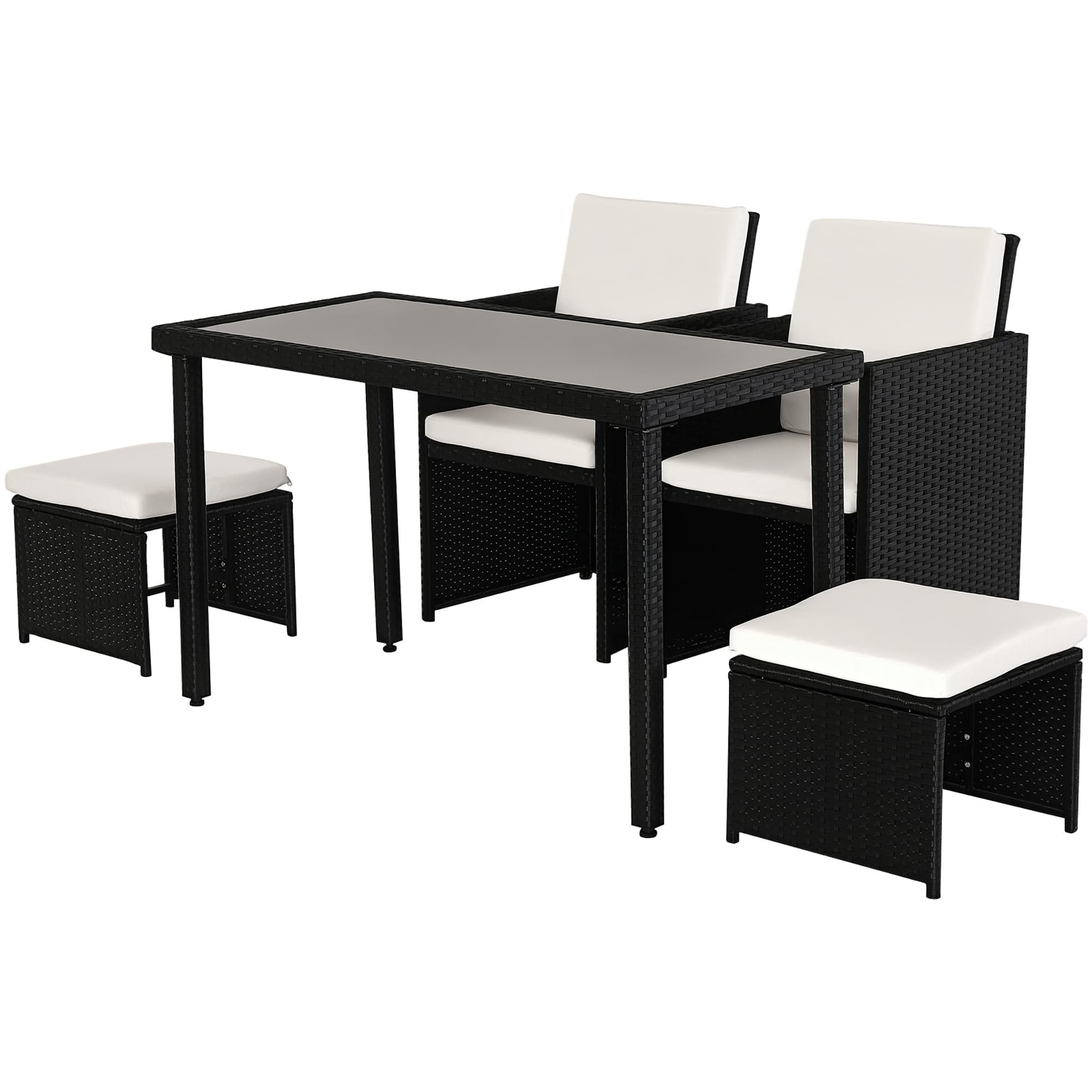 Outsunny Ensemble salon de jardin encastrable 2 fauteuils monoblocs 2 tabourets table basse résine tressée 4 fils coussins déhoussables crème noir