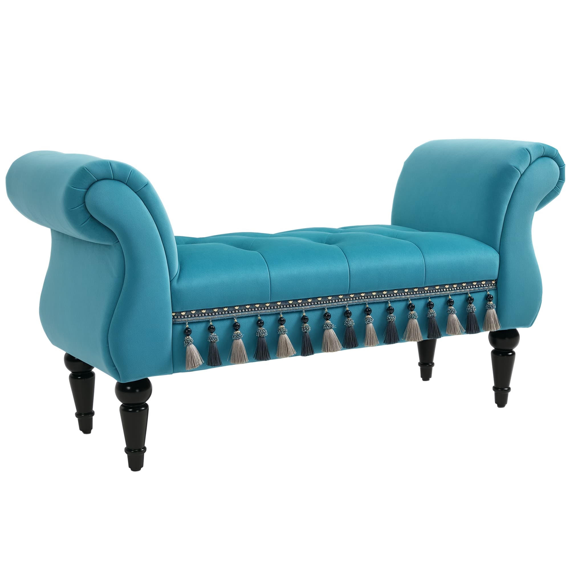 HOMCOM Banc Banquette Banc Bout de Lit en Velours avec Accoudoirs Courbés Glands Exquis Grand Confort Design Rétro 117l x 40P x 58H cm Bleu Ciel