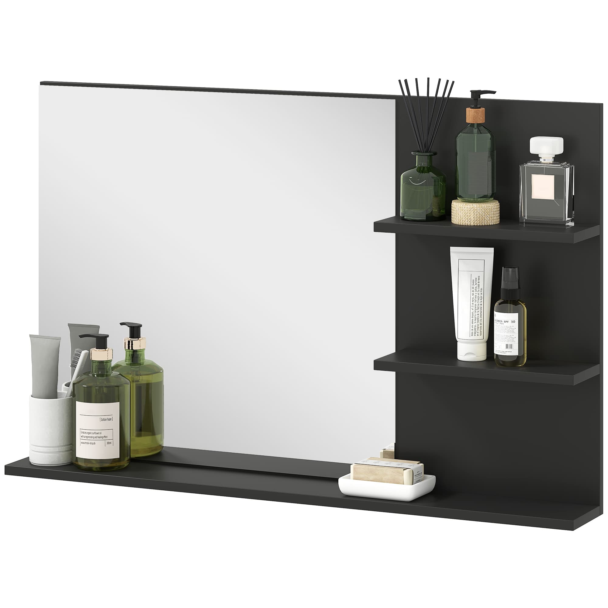 kleankin Miroir de Salle de Bain Moderne avec 2 Étagères Latérales et Étagère Inférieure, en Bois et Verre, 75x10x48 cm, Noir