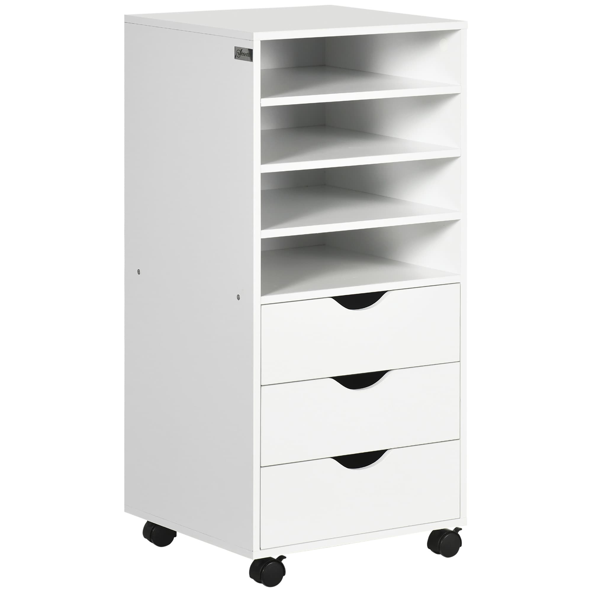 Chariot de bureau Vinsetto avec 4 roues, 4 étagères, 3 tiroirs, classeur de documents en bois MDF, 38x40x86,8 cm, blanc
