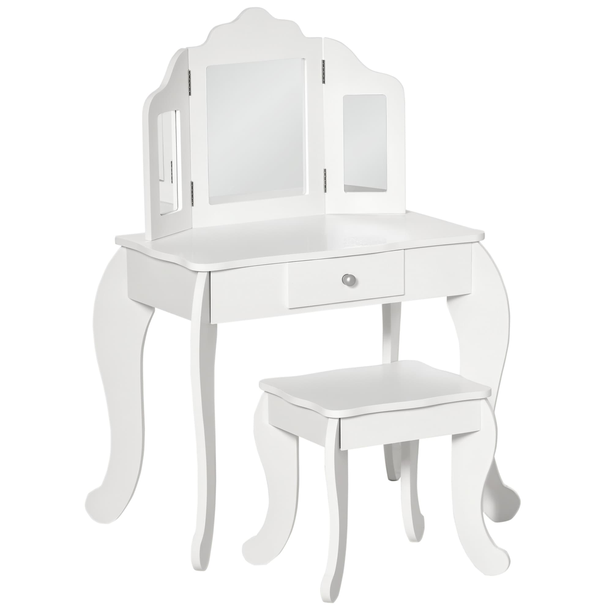 HOMCOM Coiffeuse enfant table de maquillage avec tabouret avec 3 miroirs tournables en acrylique1 tiroir pieds stables 63 x 40 x 85,5 cm blanc