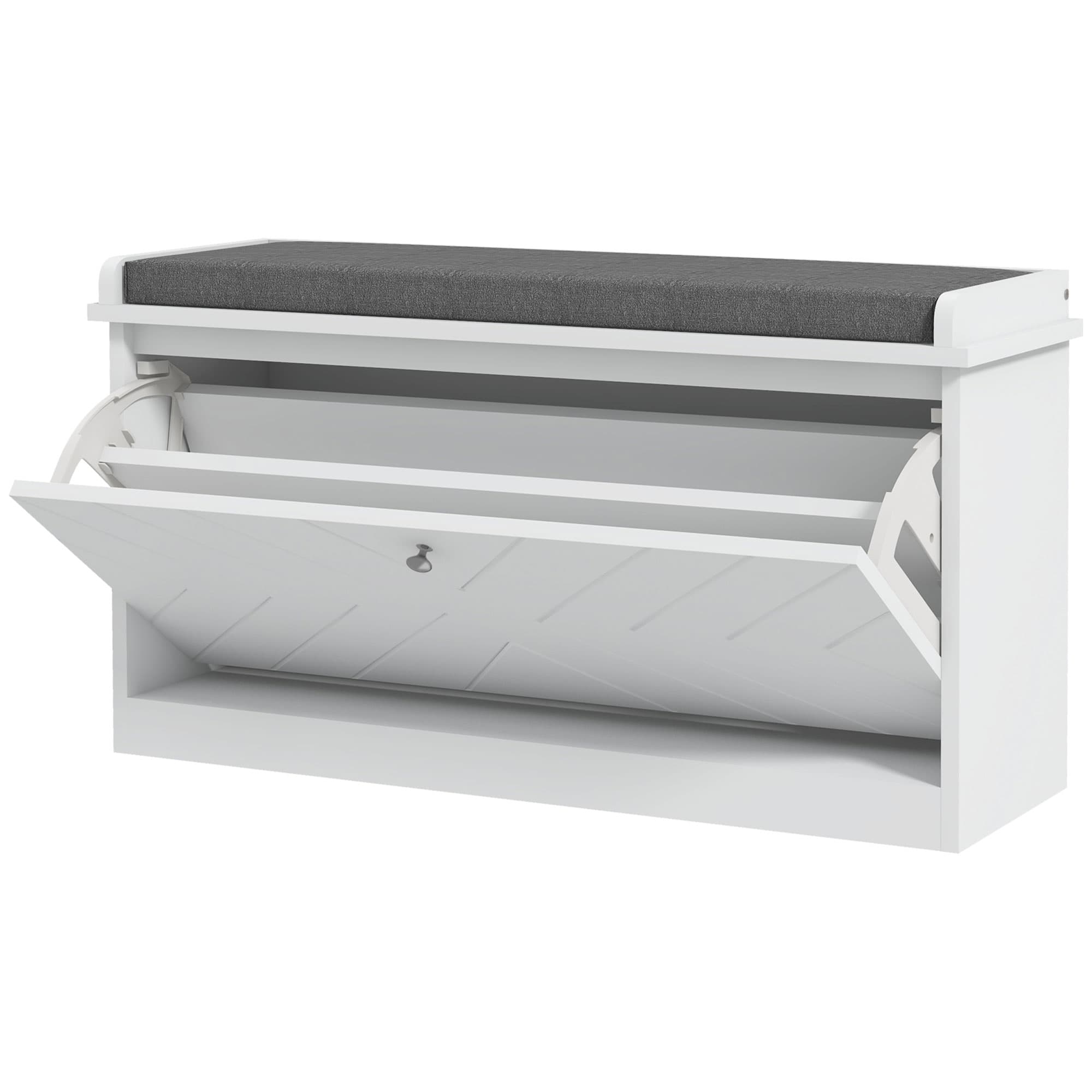 HOMCOM Banc à Chaussures Gain de Place avec Coussin et Tiroir Basculant pour 8 Paires de Chaussures, 80x26x44.5 cm, Blanc