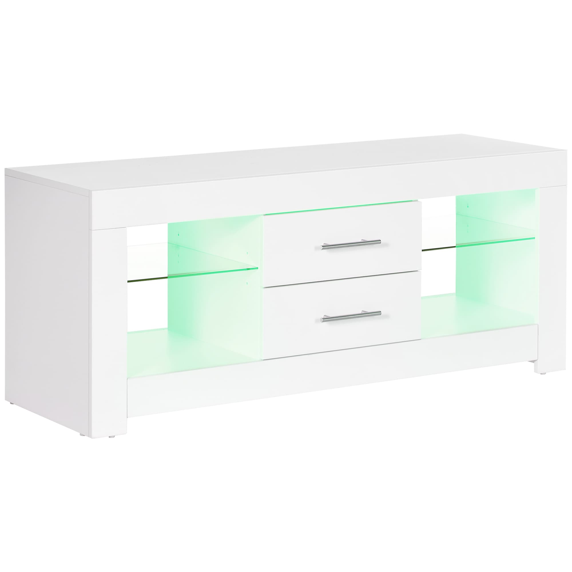 HOMCOM Mobile Porte TV de 55" avec Lumières LED à 12 Couleurs et Télécommande, Bois et Verre 120x40x50cm, Blanc