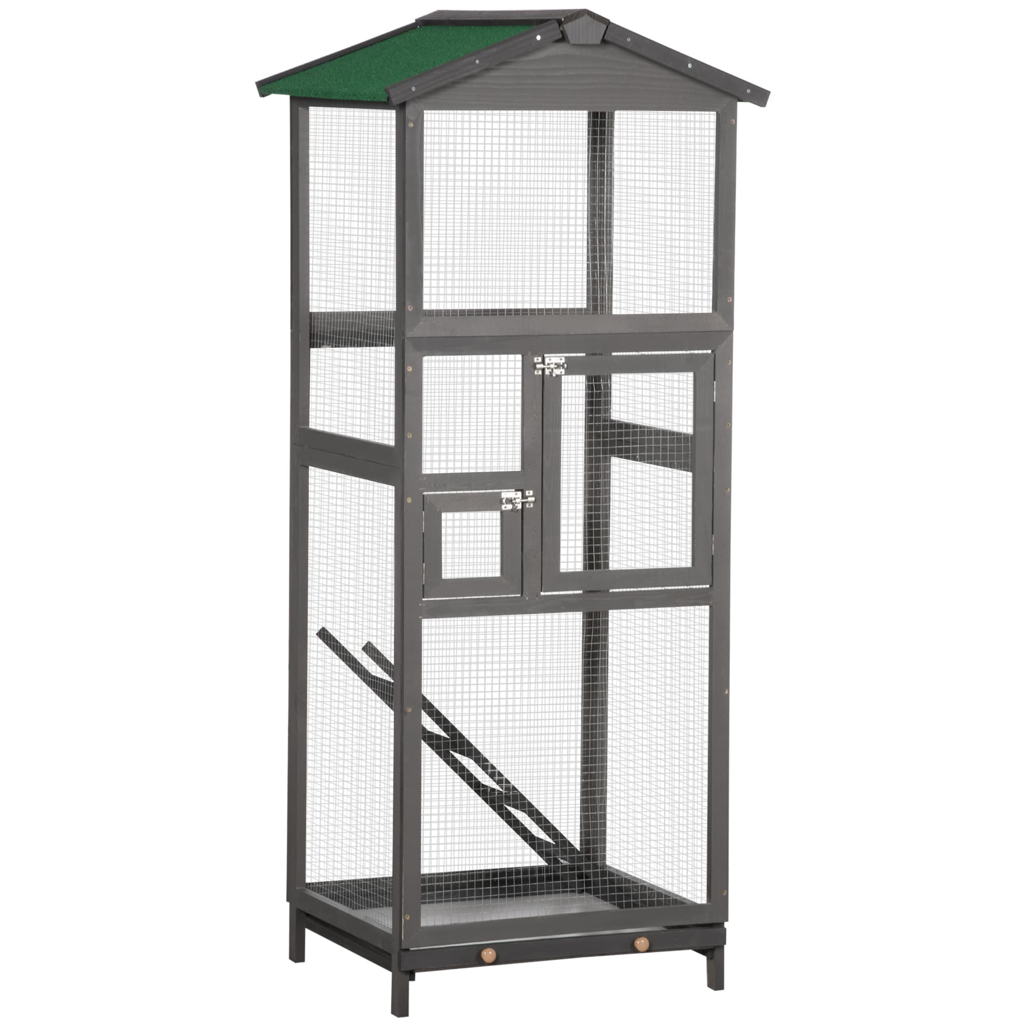 PawHut Cage à oiseaux volière en bois massif grande taille 2 portes toit asphalte tiroir amovible 68 x 63 x 165 cm gris
