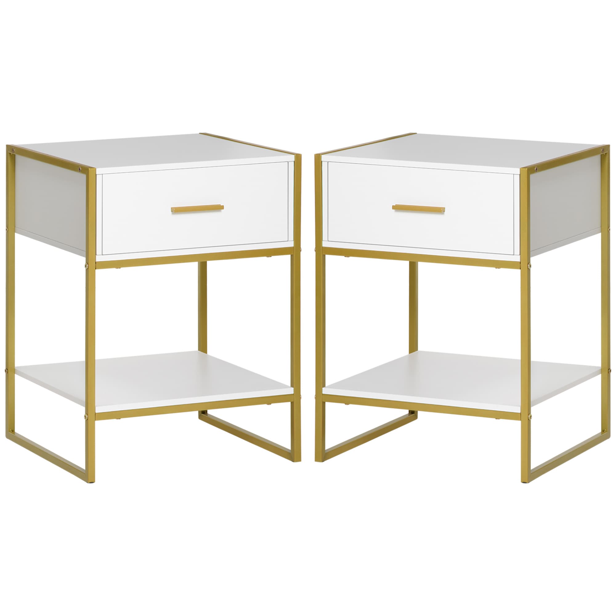 HOMCOM Ensemble de 2 Tables de Chevet Modernes avec Tiroir et Étagère Ouverte en MDF et Acier, 45x40x60cm, Blanc et Or