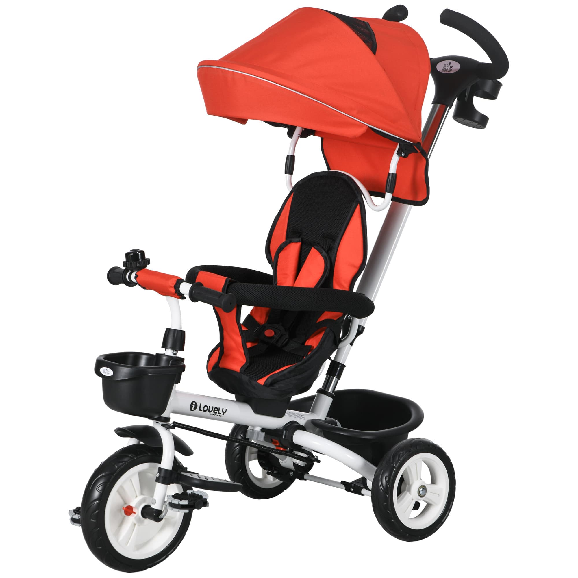 HOMCOM Tricycle pour enfants 6-en-1 avec Poignée de Poussée, Auvent, Ceinture, Panier de Rangement, 18+ mois, Rouge