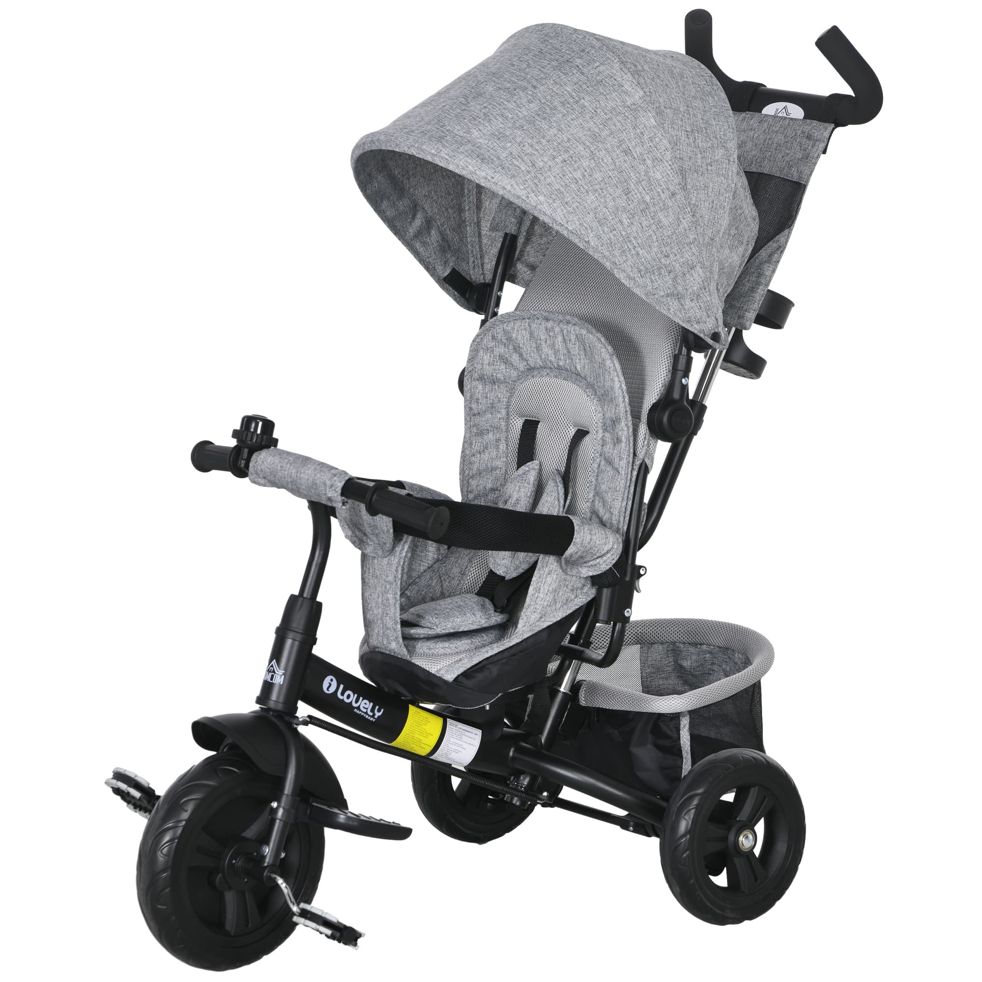 HOMCOM Tricycle pour Enfants, Vélo pour Enfants, Panier Arrière, Porte-gobelet, Auvent, Métal, Gris