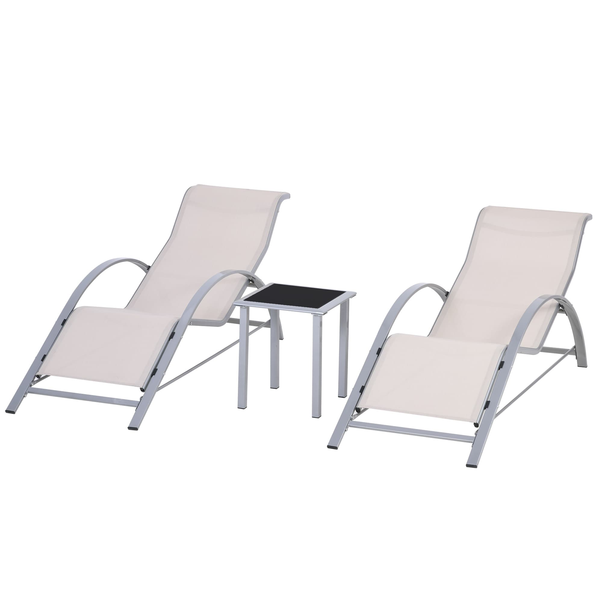 Outsunny Ensemble de 2 Chaises Longues de Jardin avec Table d'Appoint en Verre Trempé Chaises Longues avec Dossier et Accoudoirs pour Patio Piscine Terrasse Extérieure Crème
