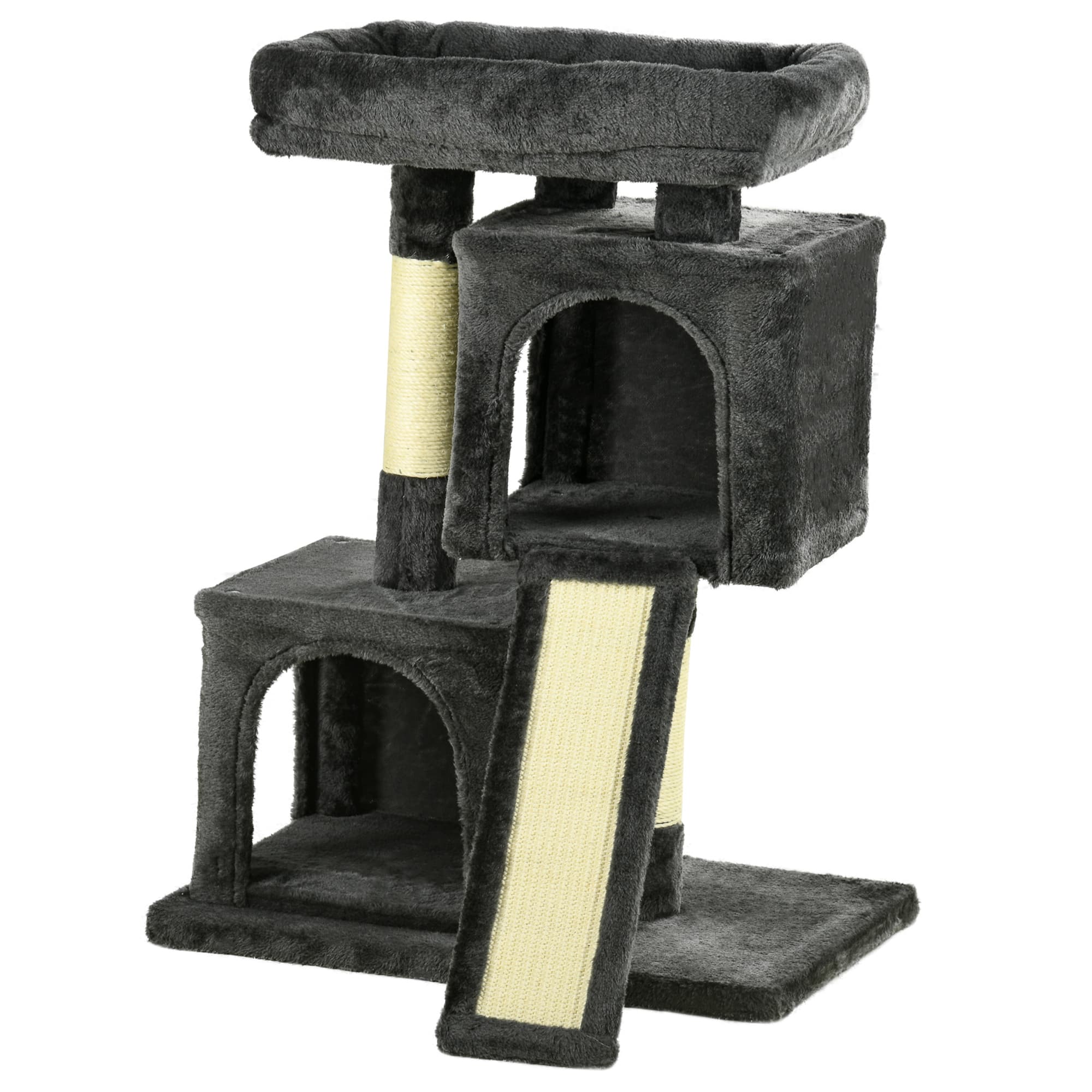 PawHut Arbre à Chat Compact avec Grottes et Panneau à Griffes - Gris foncé