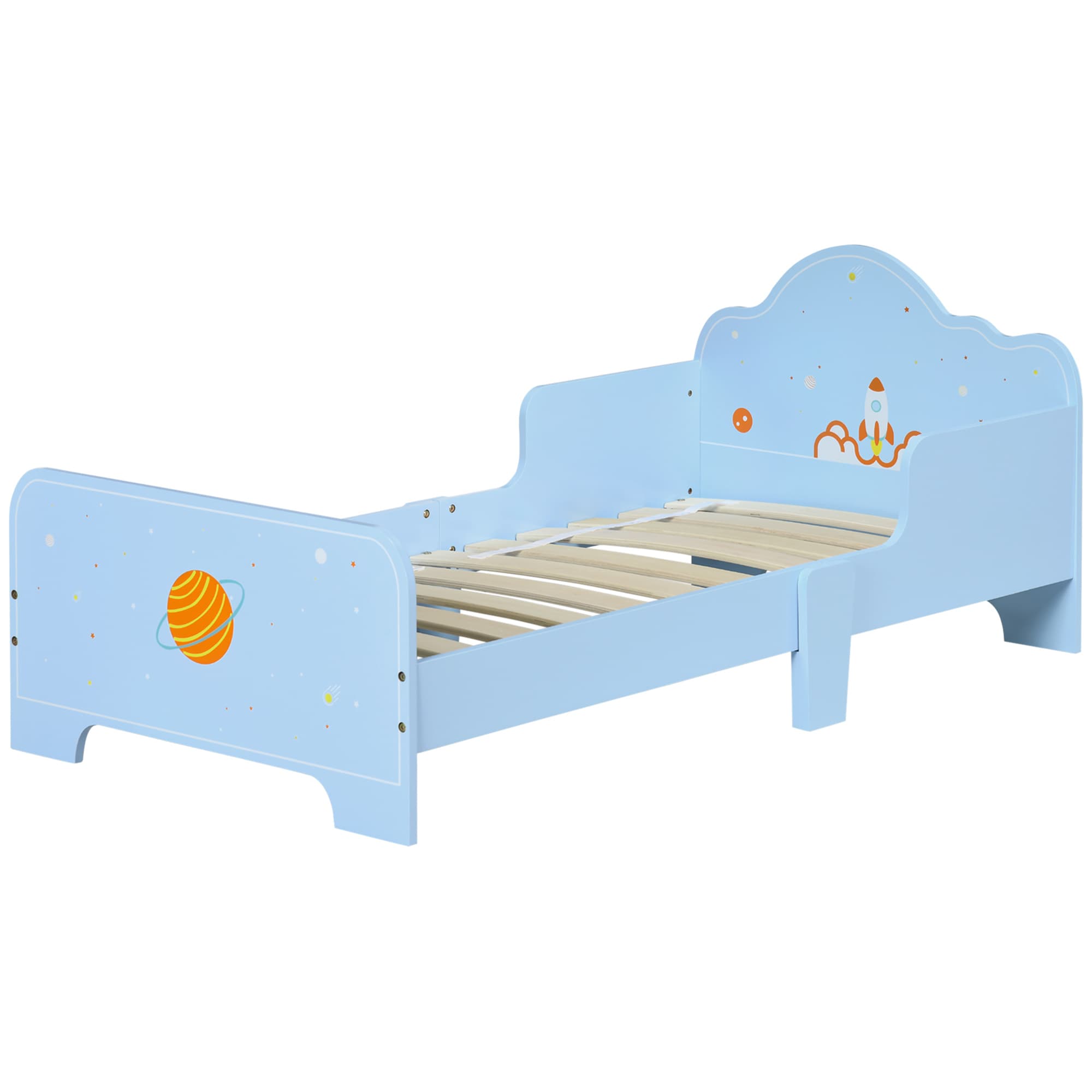ZONEKIZ Lit pour Enfants avec Barrières et Thème Spatial, Âge 3-6 Ans, 143x74x59cm, Bleu