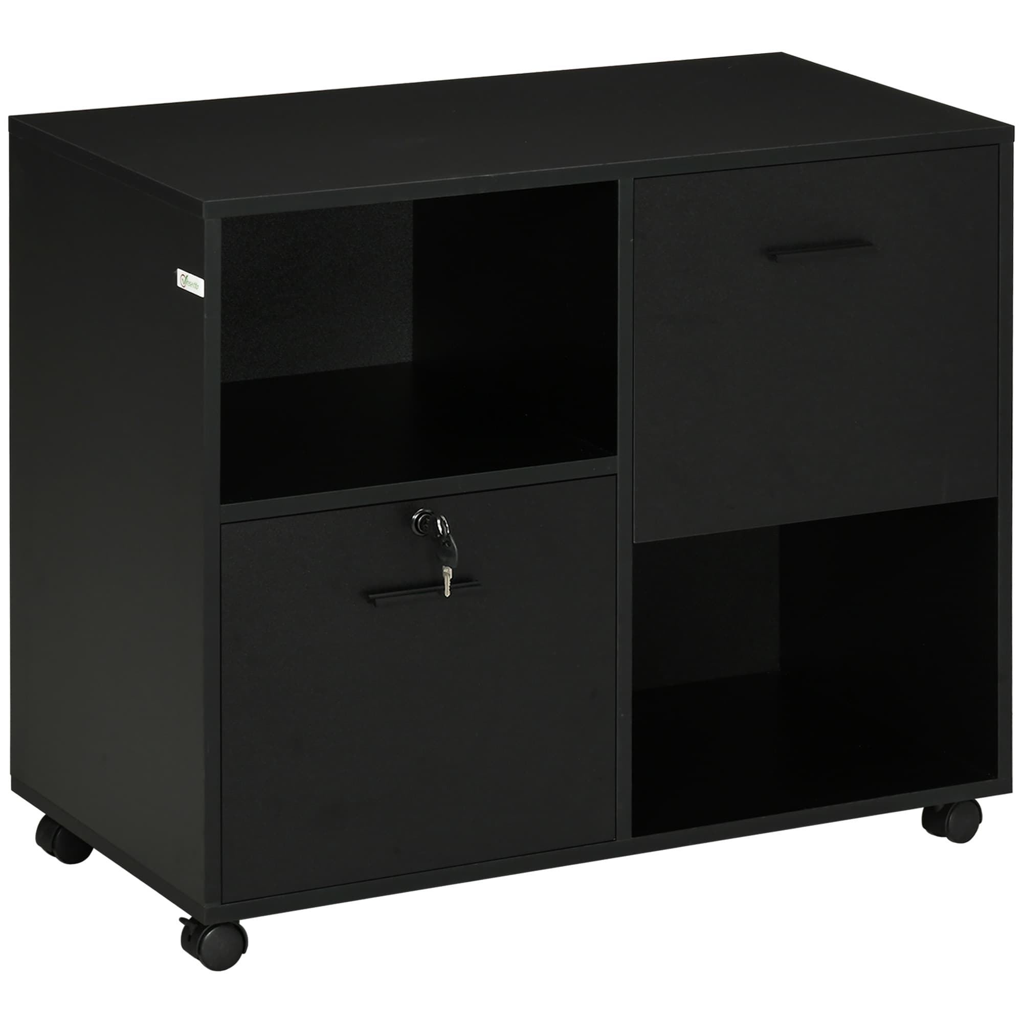 Vinsetto Meuble de Bureau avec 2 Tiroirs pour Documents et Étagères, Roulettes avec Verrou, 80x40x66cm, Noir