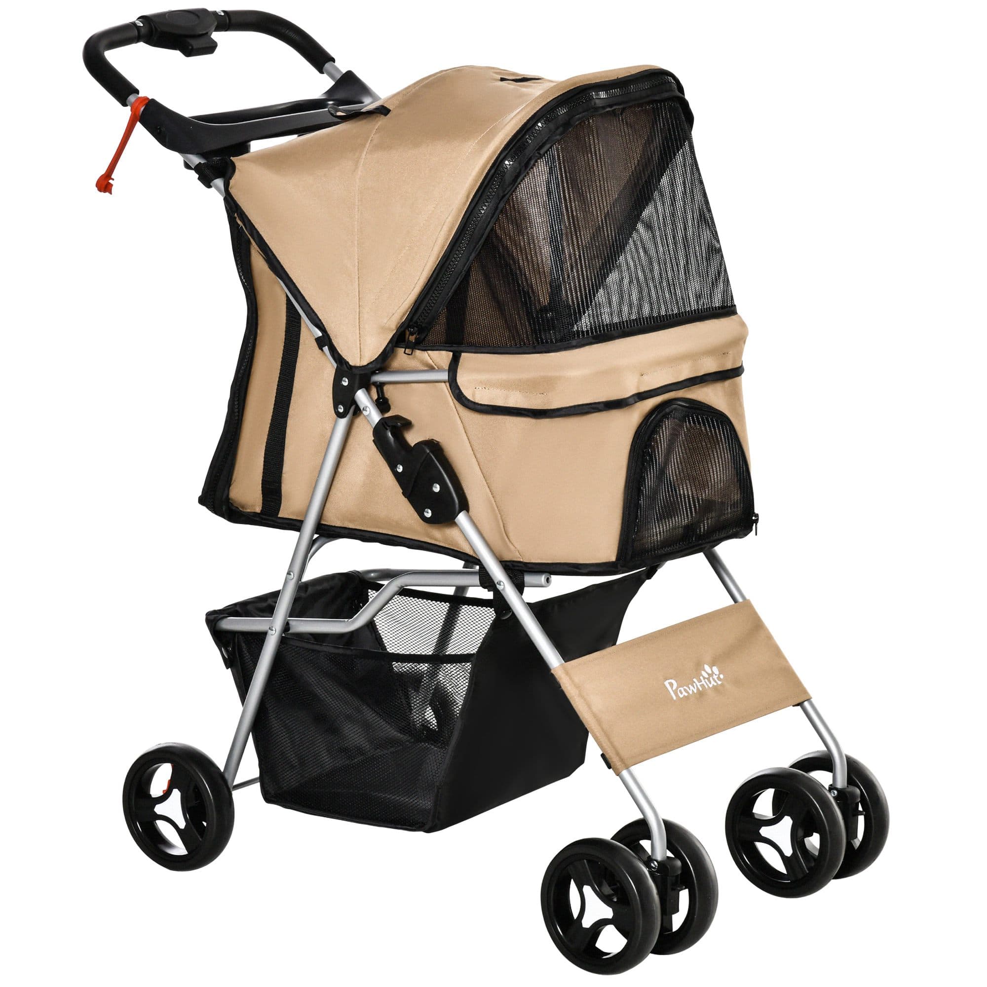 PawHut Poussette pour Chiens de Petite Taille et Mini Pliable avec Panier et Porte-gobelet, 75x46x94 cm, Marron