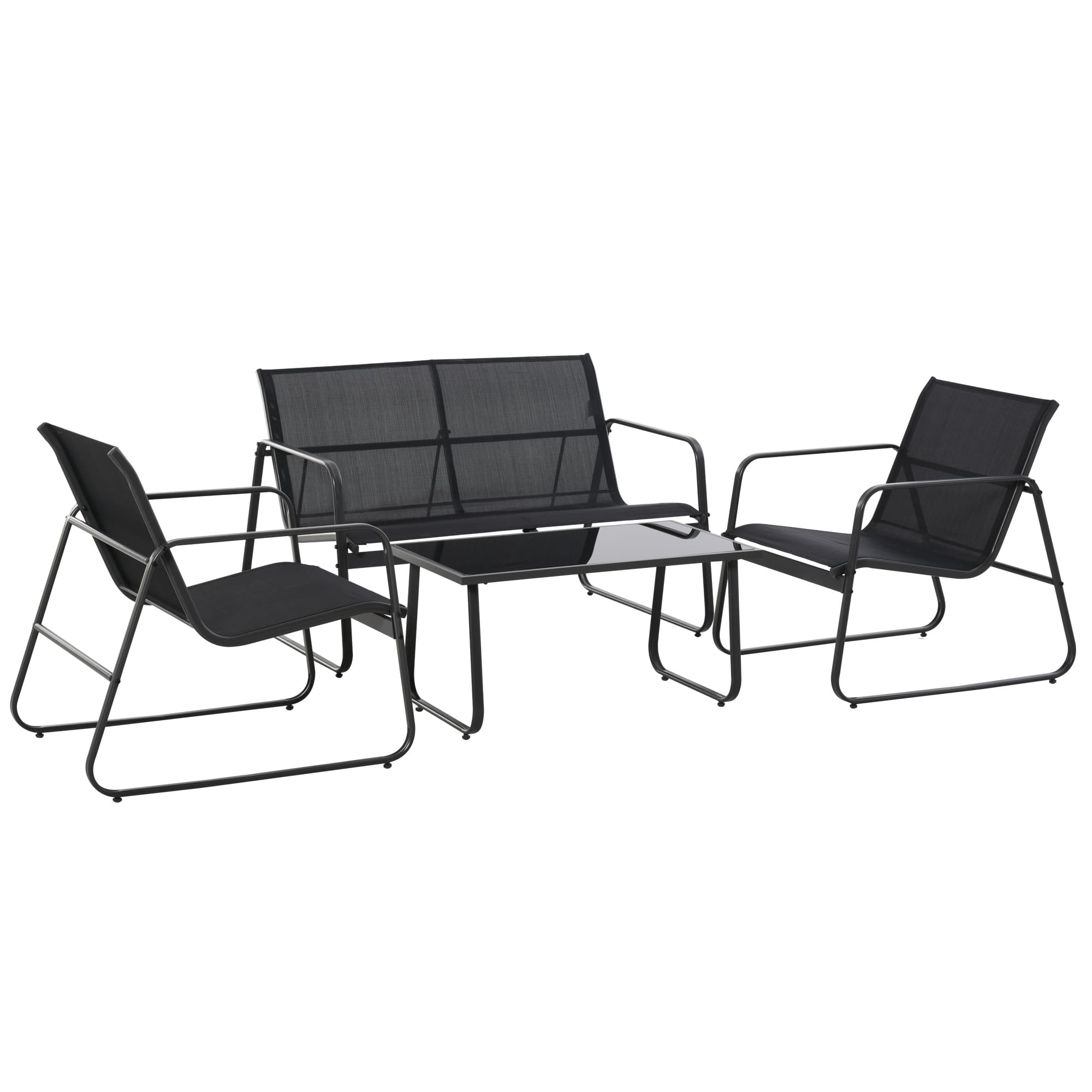 Outsunny Ensemble Table avec Banc et 2 Chaises de Jardin, Mobilier d'Extérieur en Métal et Textilène, Noir