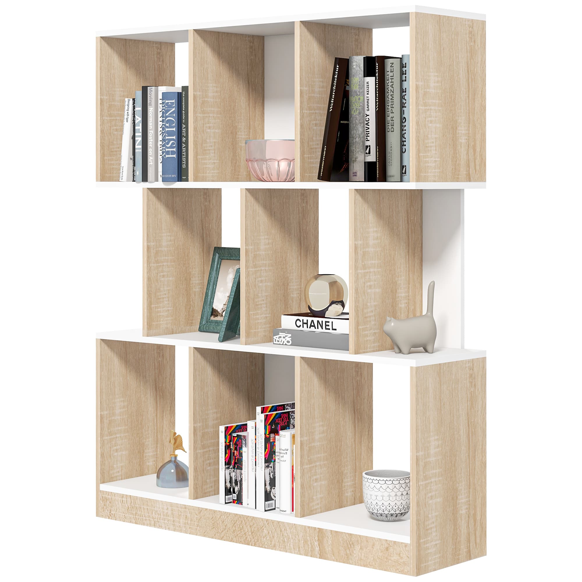 HOMCOM Étagère à 8 Étagères pour Salon et Chambre à Coucher, en Bois, 100x27x124 cm, Chêne et Blanc