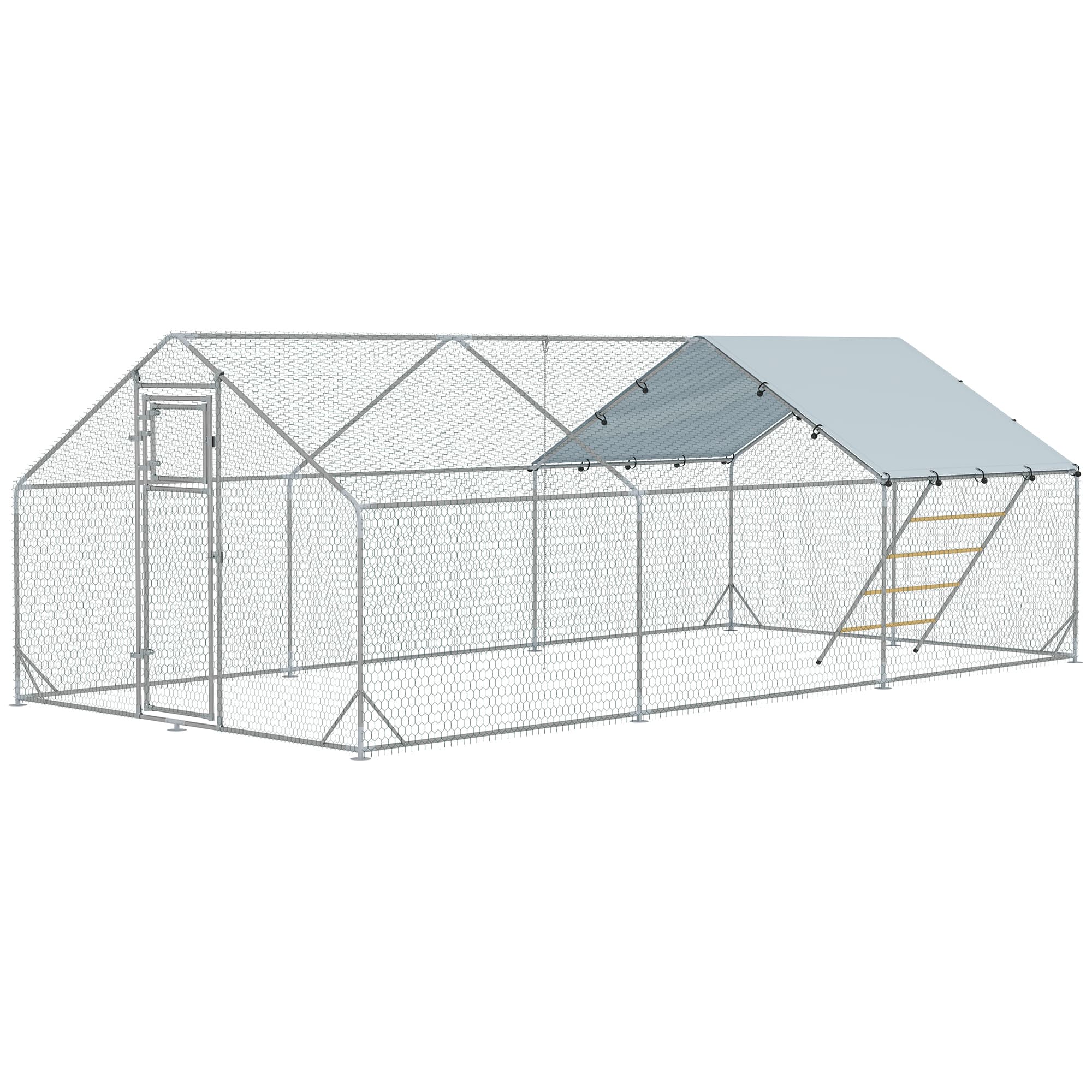 PawHut Poulailler, Enclos pour Poules, avec Couverture UV, Grillage en Acier, Distributeur d'Aliments, pour 18-24 Poules