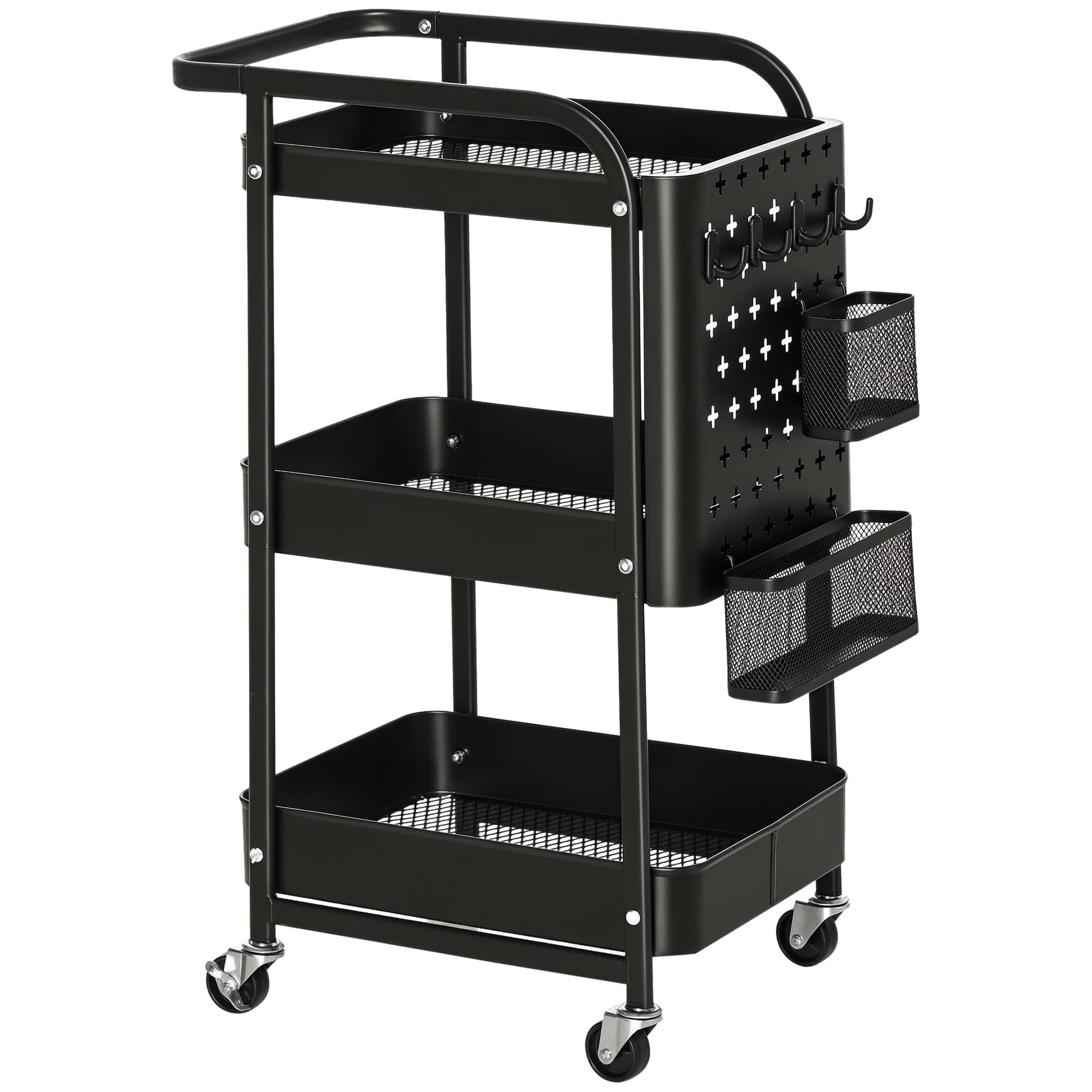 Homcom Desserte Chariot Métal Noir Roulettes 3 Niveaux Range-Couverts 4 Crochets Cuisine Aosom France