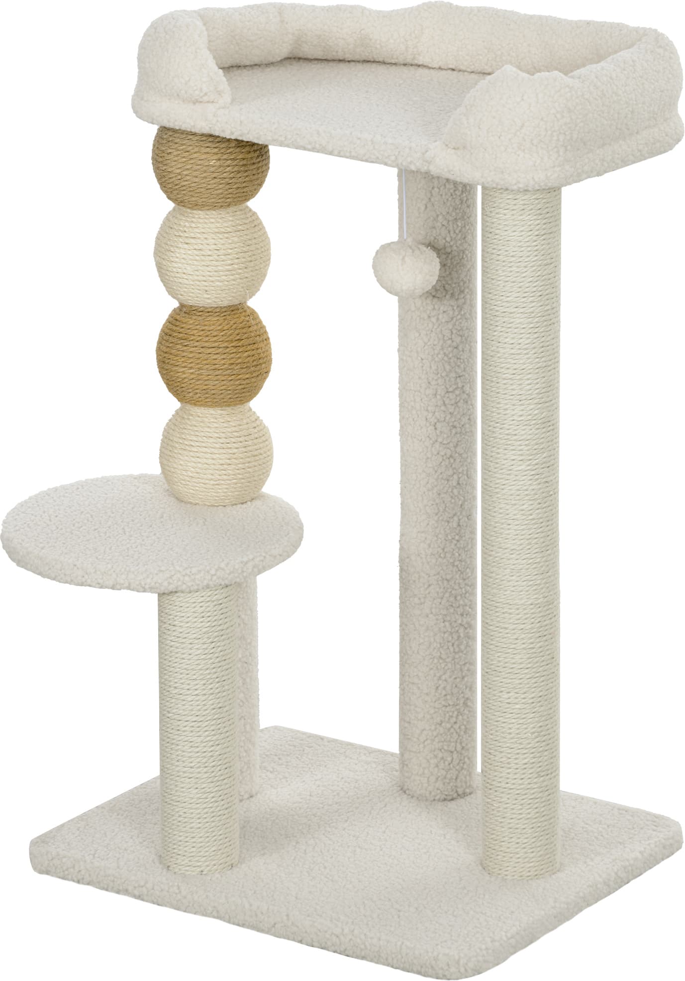 PawHut Arbre à Chat avec Panier, Plateforme et Balle Jouet, en Bois, Peluche et Jute, 48,5x40x76 cm, Beige