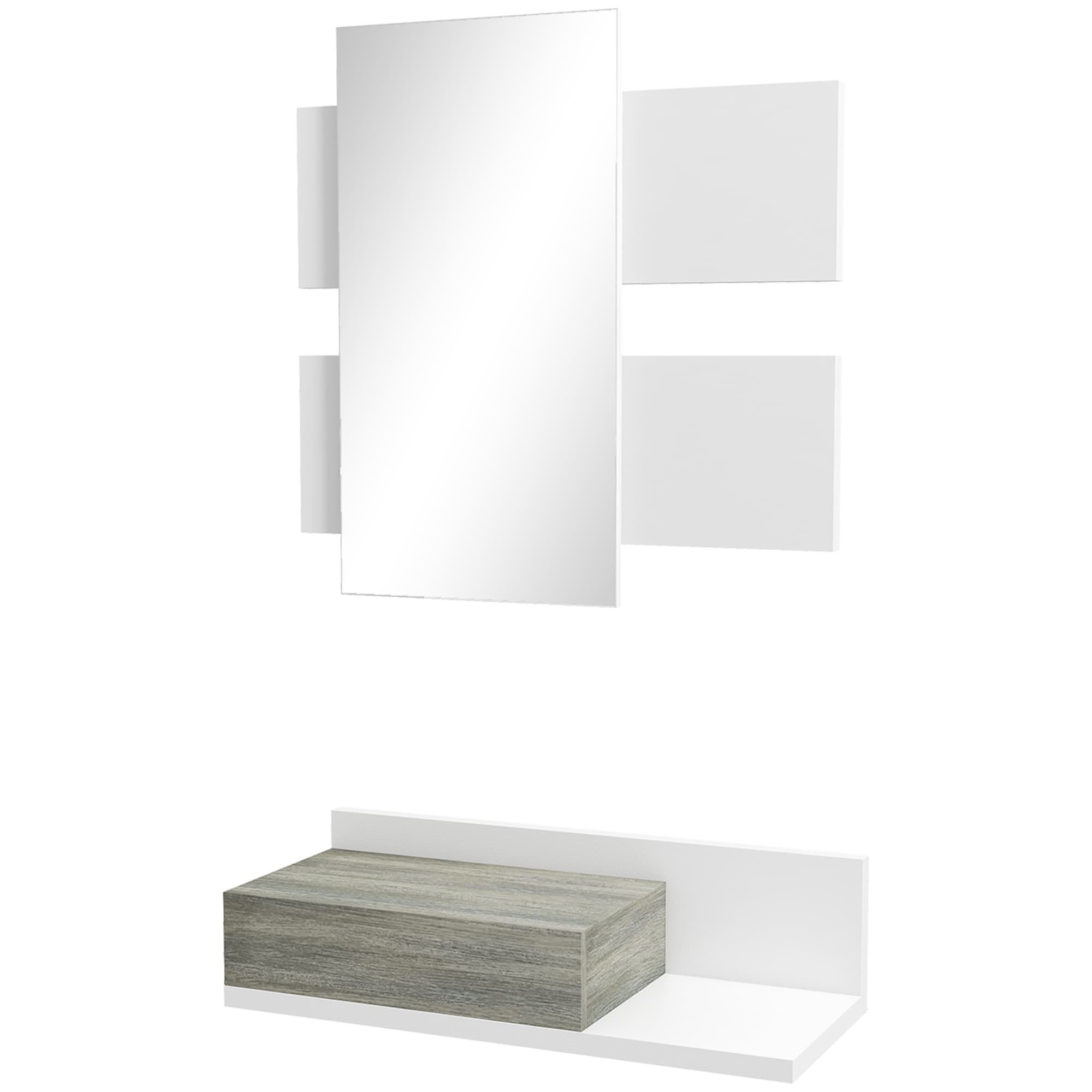 HOMCOM Meuble d'Entrée 2 en 1 avec Miroir Mural 75x3.5x75 cm et Tiroir 75x30.5x20 cm, Gris et Blanc